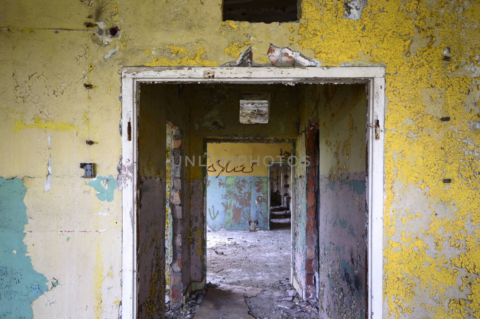 wide angle view of an old wall abandoned factory building