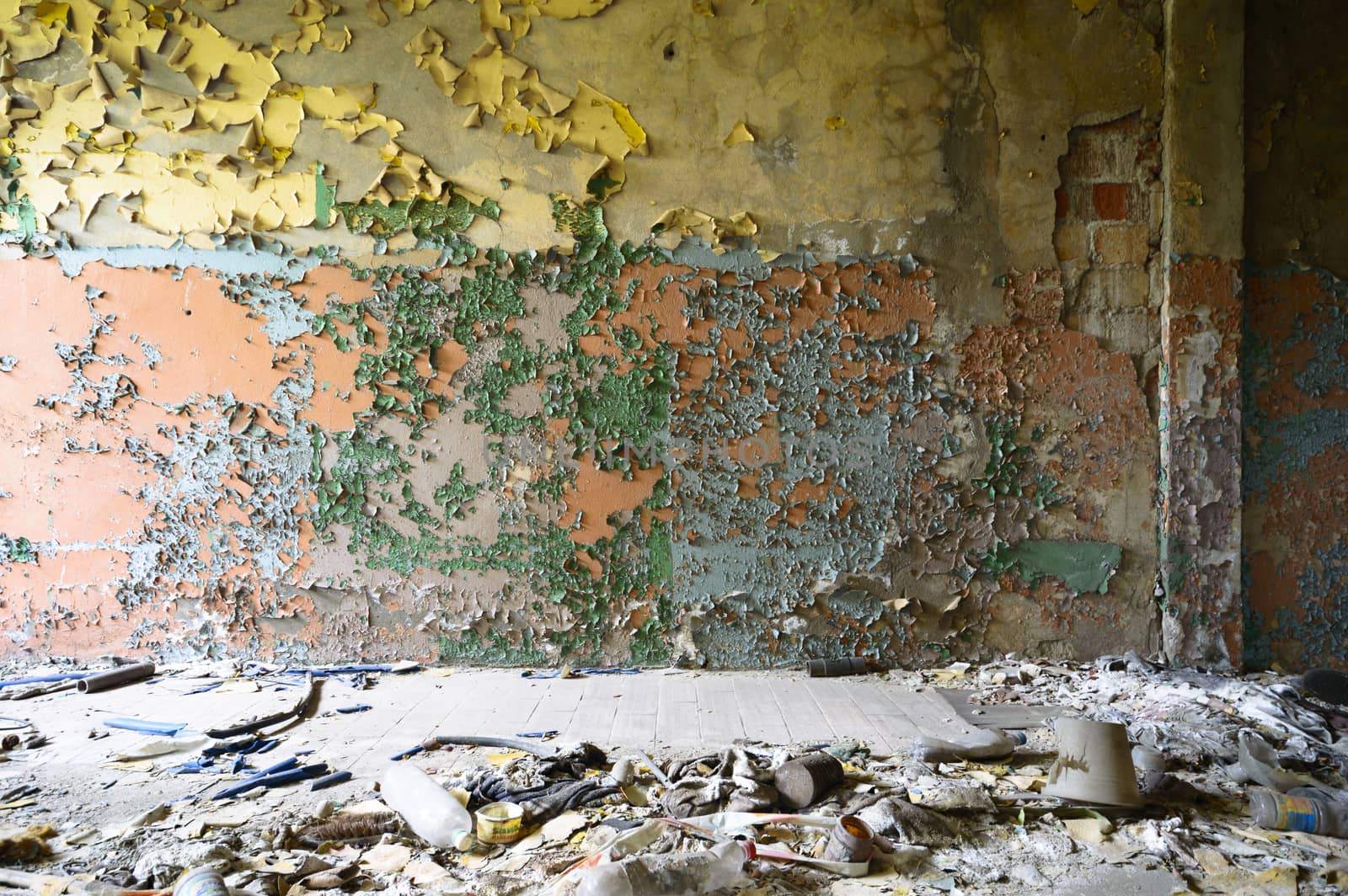 wide angle view of an old wall abandoned factory building