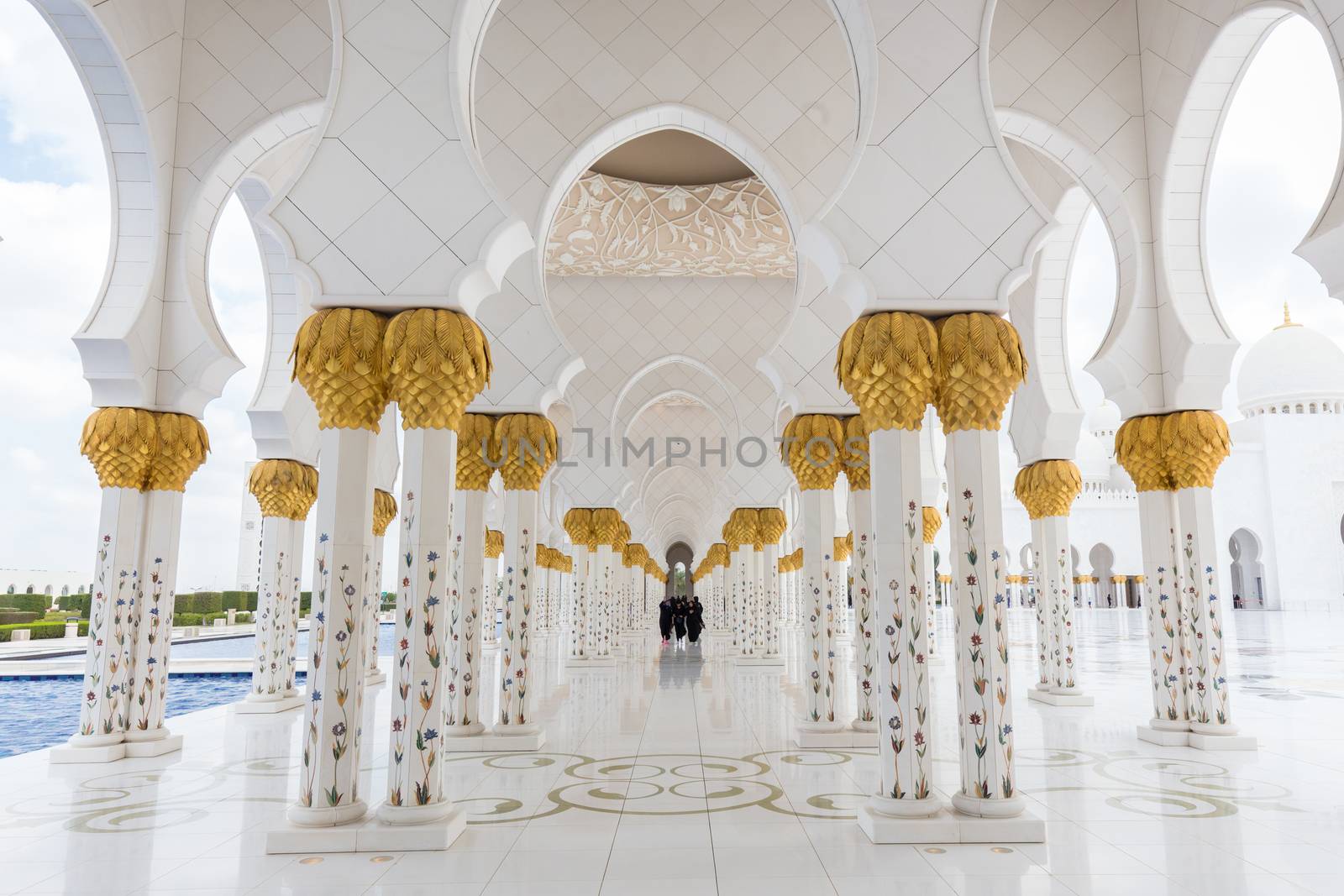 Abu Dhabi, UAE - Jan 30: Magnificent interior of Sheikh Zayed Grand Mosque on January 30th 2016 in Abu Dhabi, United Arab Emirates. It is largest mosque in UAE and the eighth largest mosque in world.