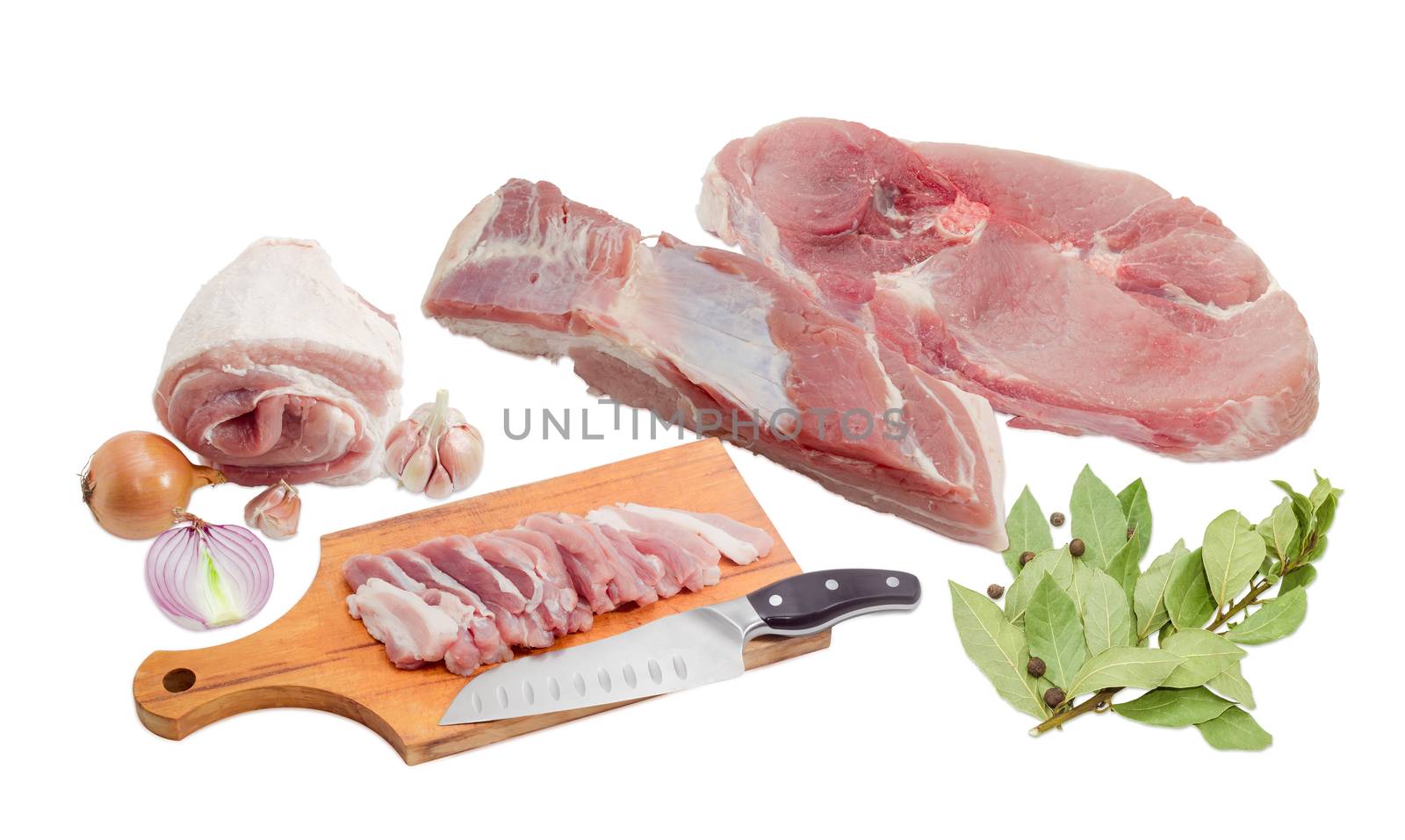 Uncooked pork, spice, kitchen knife and cutting board by anmbph