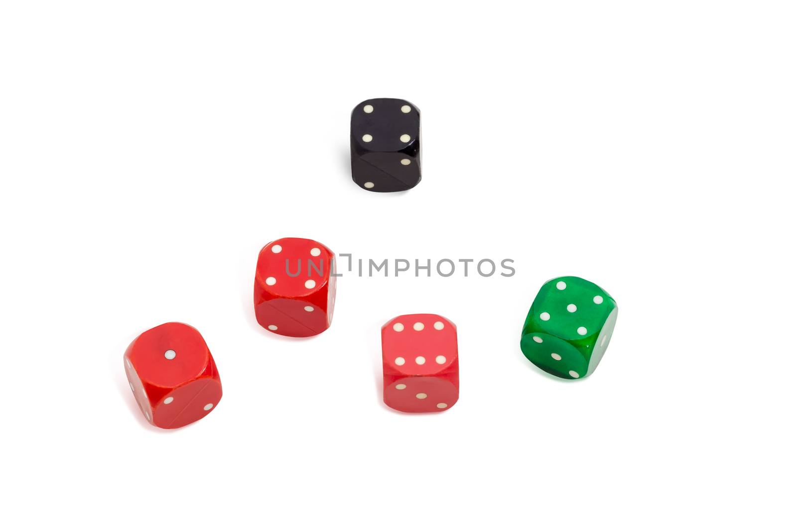 Old plastic multi colored six-sided dice with rounded corners by anmbph