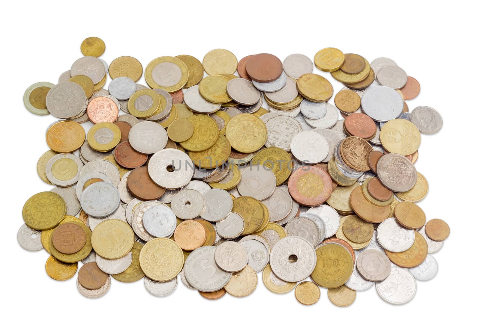 Coins from various countries in circulation at different times on a light background
