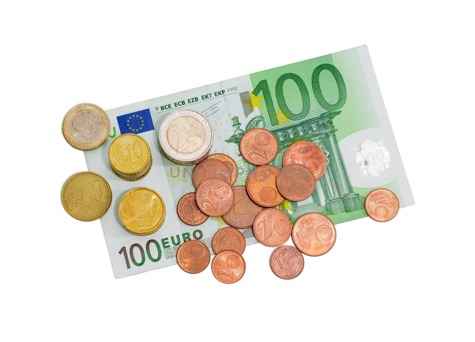 Several euro coins from 1 to 50 cents and in denominations of 1 and 2 euro on the background of banknote in denomination of 100 euro on a light background
