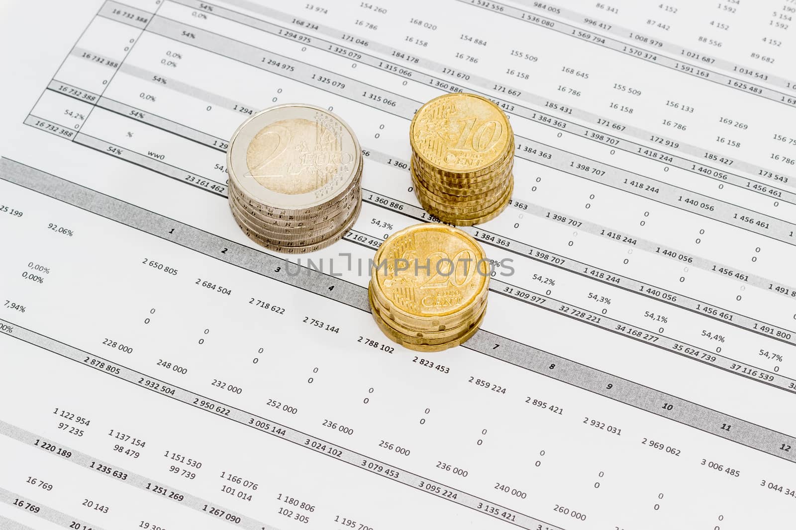 Several euro coins from 10 cents to 2 euro stacked on the printed table with data
