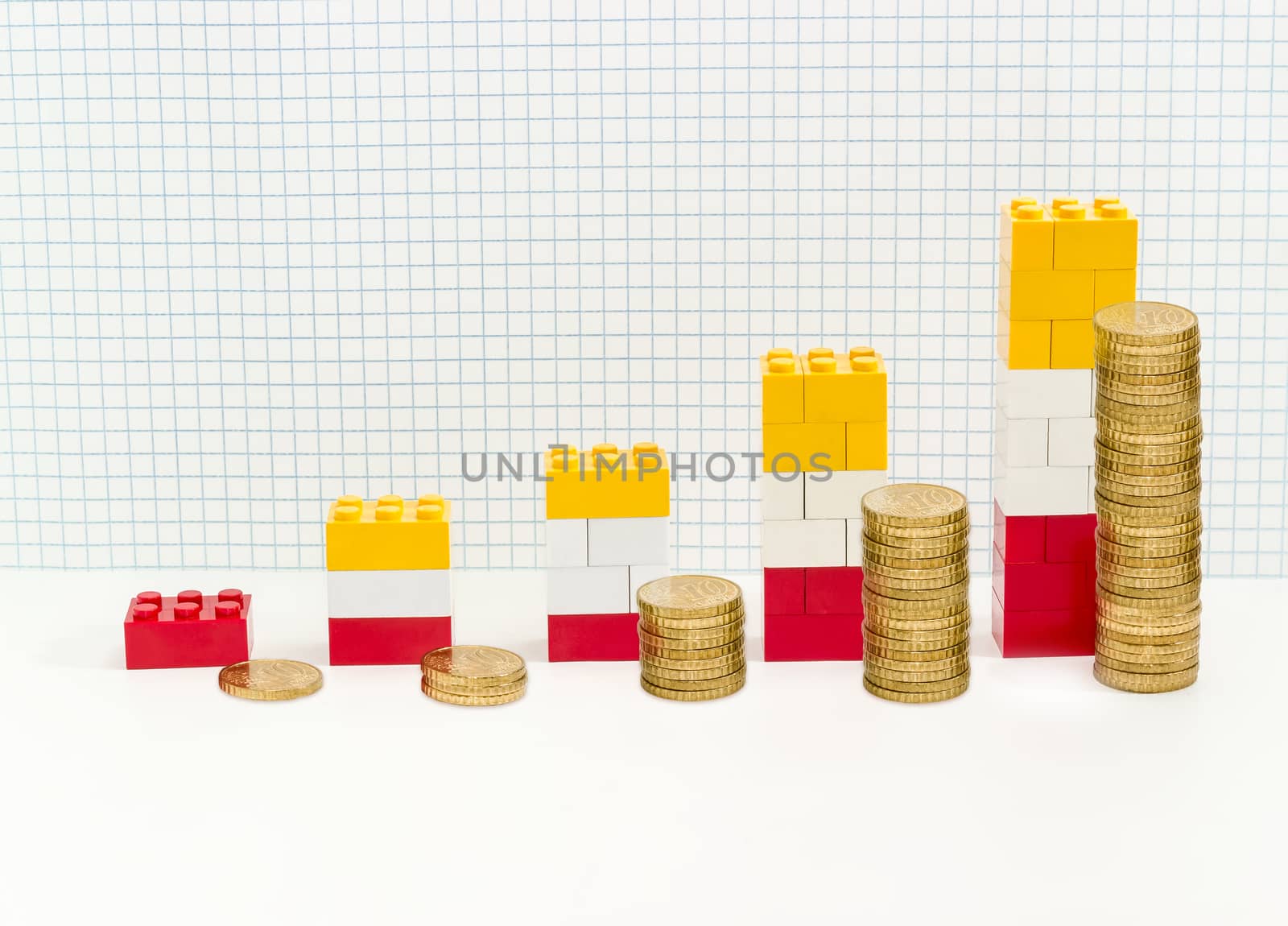 Stacked bar chart with bars which are made from colored plastic parts children's designer and stacks of coins against background of squared paper
