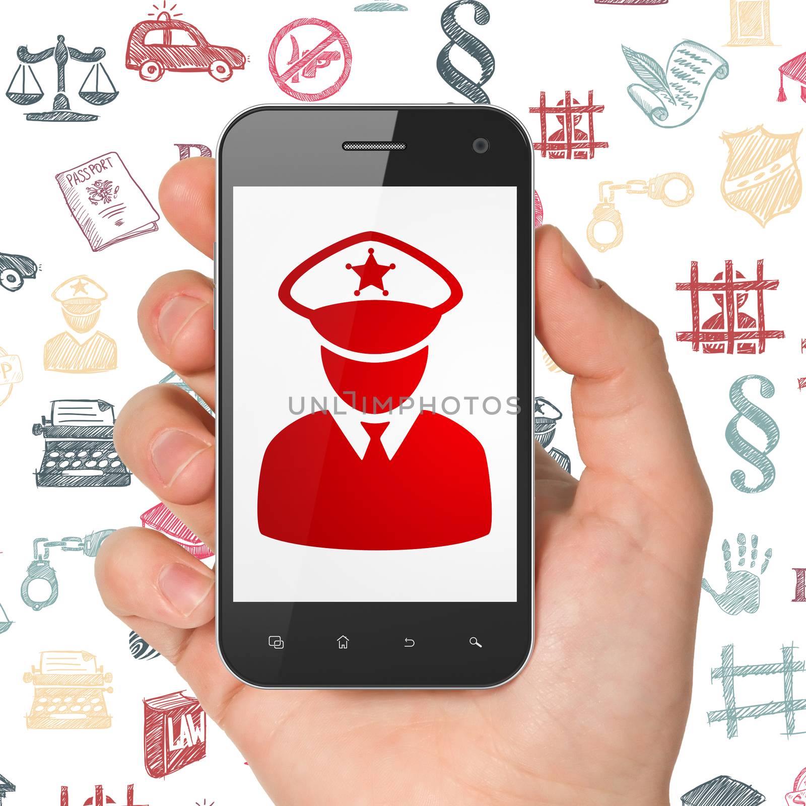 Law concept: Hand Holding Smartphone with  red Police icon on display,  Hand Drawn Law Icons background, 3D rendering