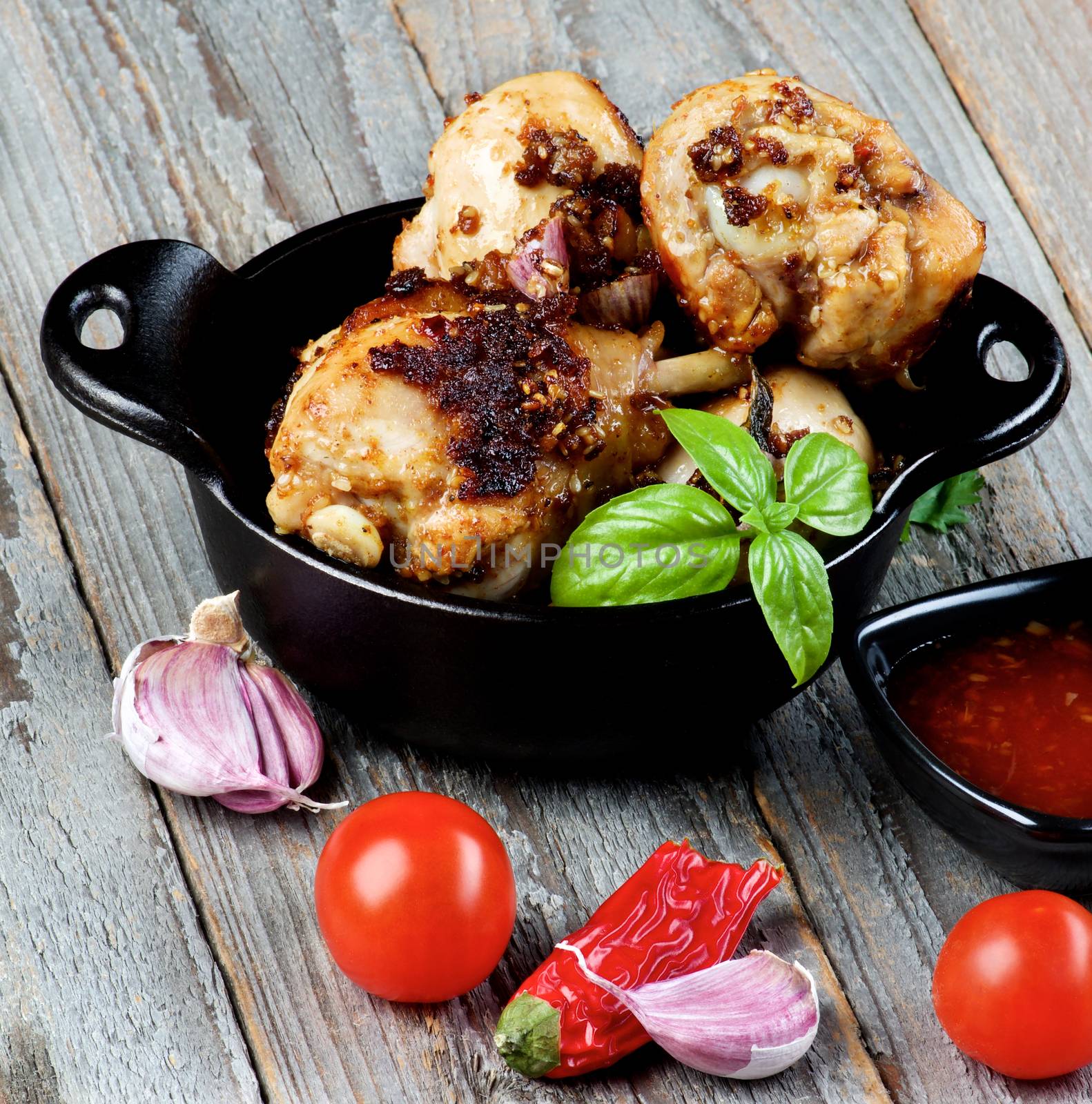 Delicious Spicy Roasted Chicken Legs in Black Frying Pan with Ingredients and Sauce closeup on Rustic Wooden background