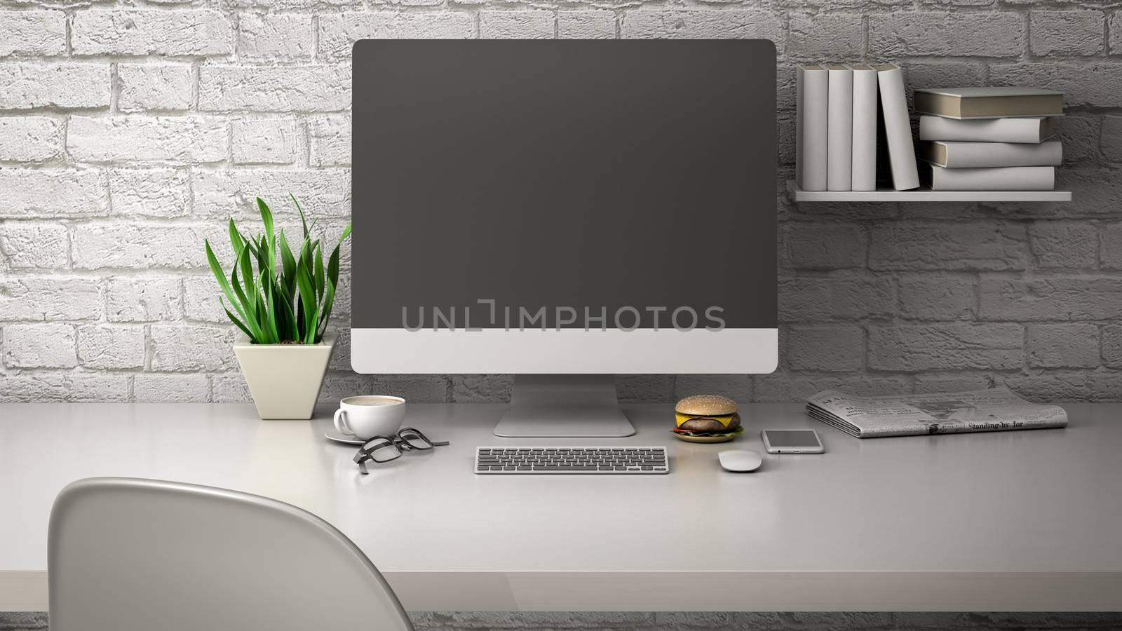breakfast with a computer, telephone and coffee 3d illustration