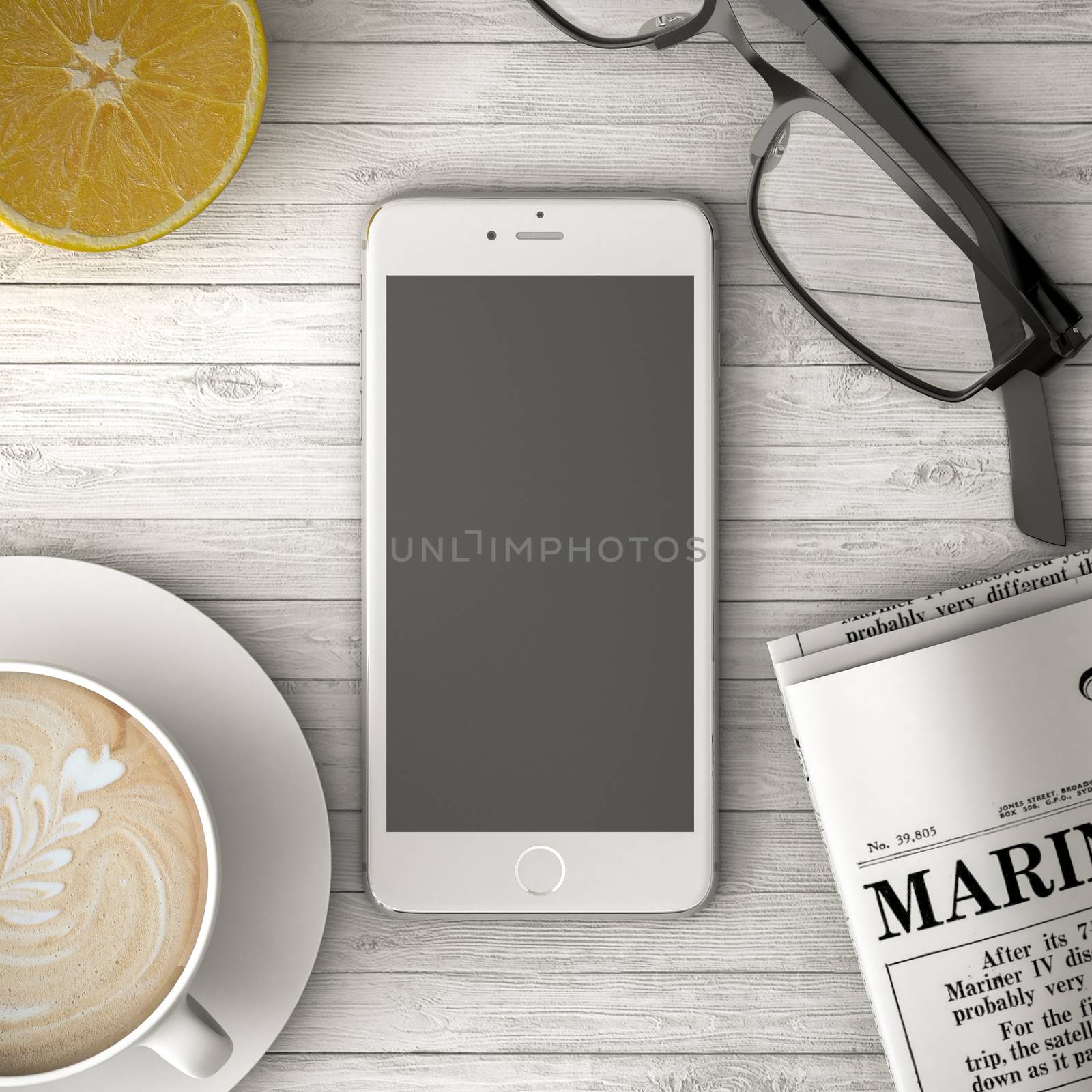 phone on the table, coffee and newspaper 3d illustration by Lupen