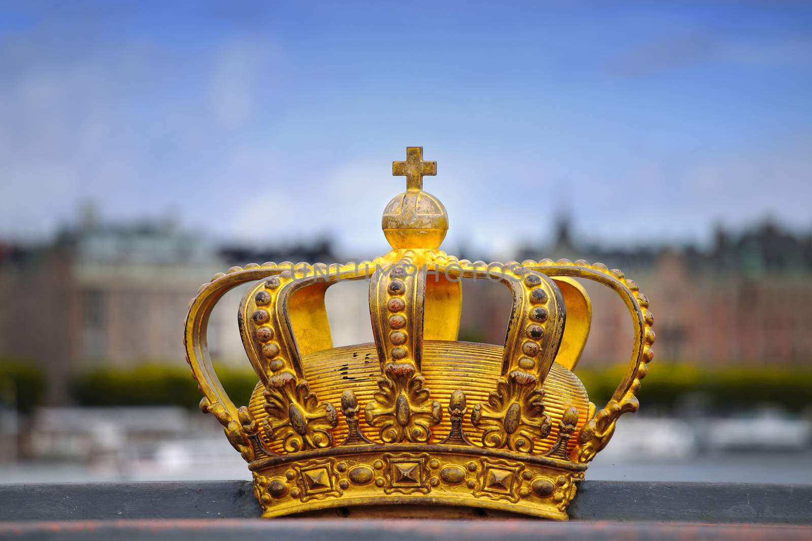 Skeppsholmsbron (Skeppsholm Bridge) with Golden Crown on a bridge in Stockholm, Sweden