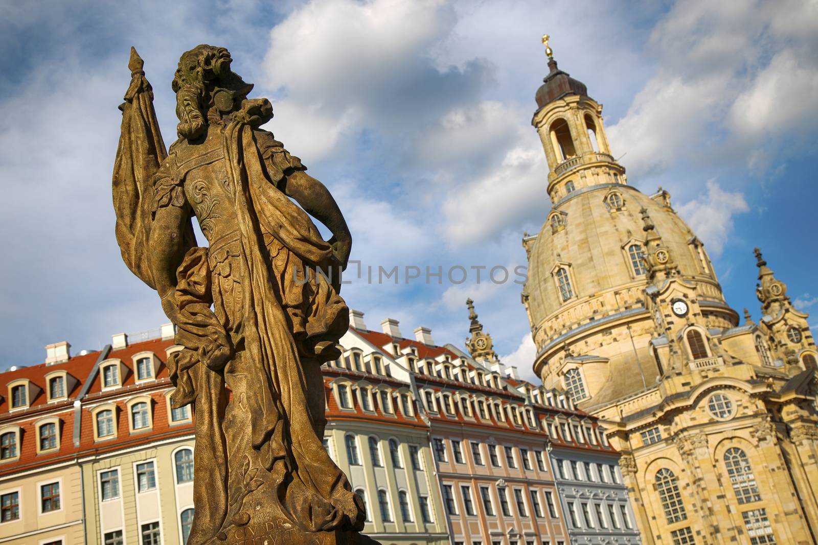 View from Turks fountain (Friedensbrunnen) to Church of Our Lady in Dresden, Germany