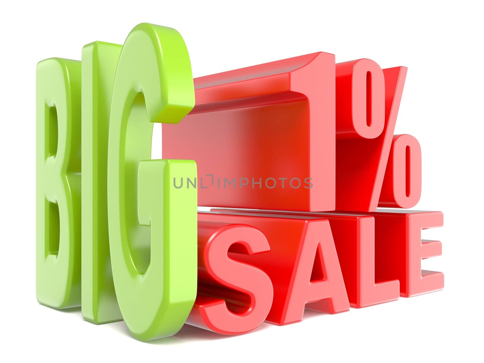 Big sale and percent 1% 3D words sign. 3D render illustration isolated on white background