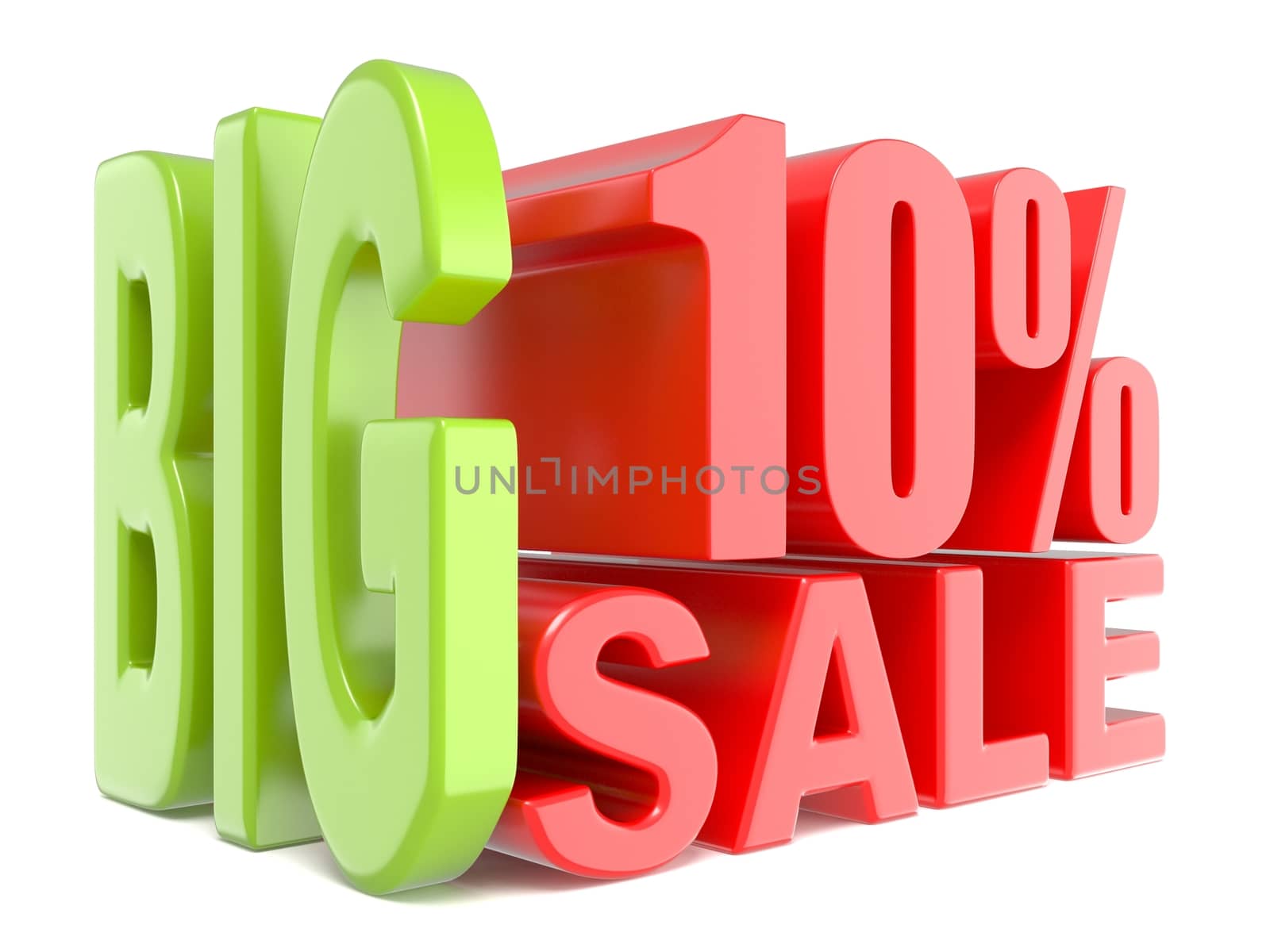 Big sale and percent 10% 3D words sign. 3D render illustration isolated on white background