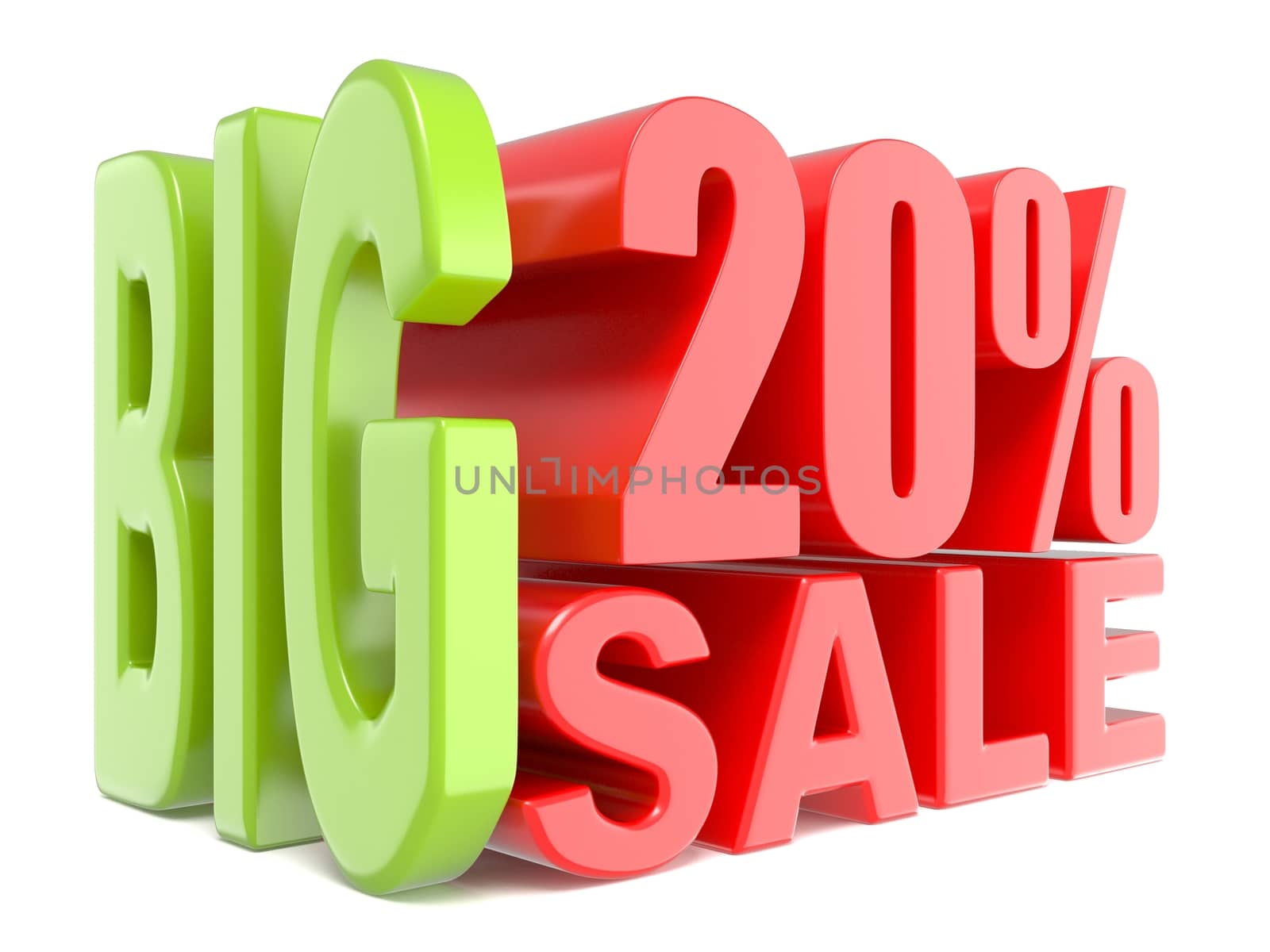 Big sale and percent 20% 3D words sign. 3D render illustration isolated on white background