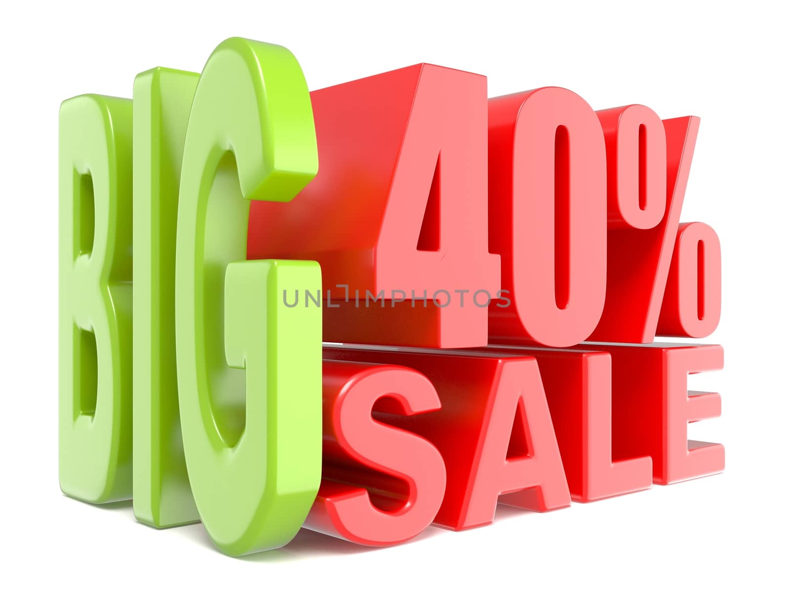 Big sale and percent 40% 3D words sign. 3D render illustration isolated on white background