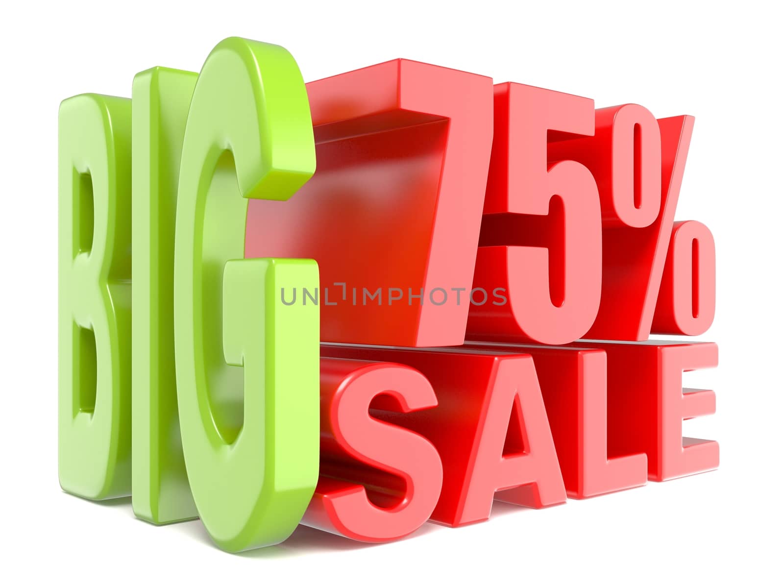 Big sale and percent 75% 3D words sign. 3D render illustration isolated on white background