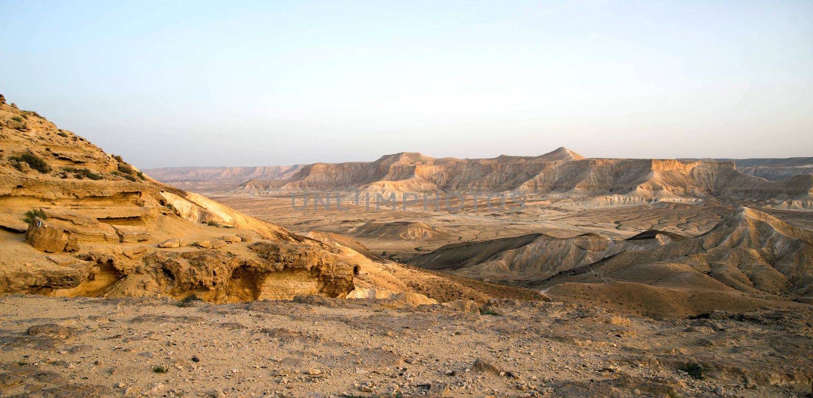 Hiking in stone desert mountain landscape of Israel