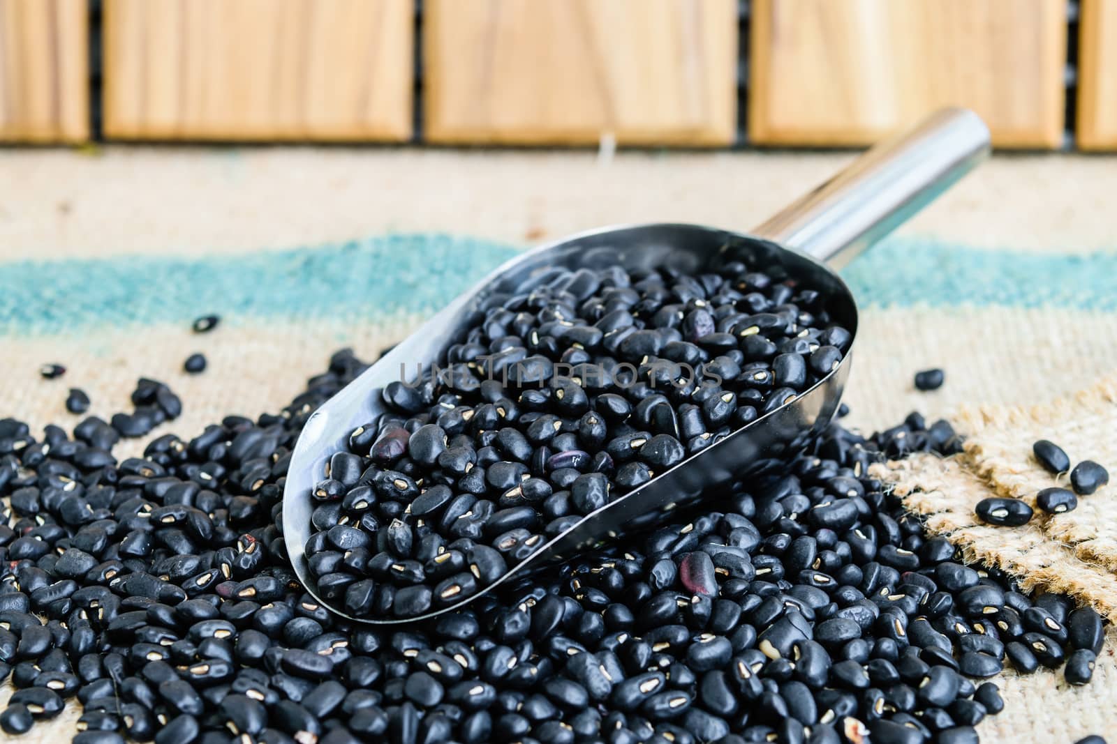 black beans seeds in steel spon on sack wooden backgrond