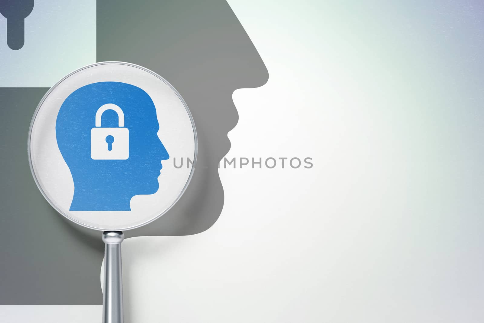 Data concept: magnifying optical glass with Head With Padlock icon on digital background, empty copyspace for card, text, advertising, 3D rendering