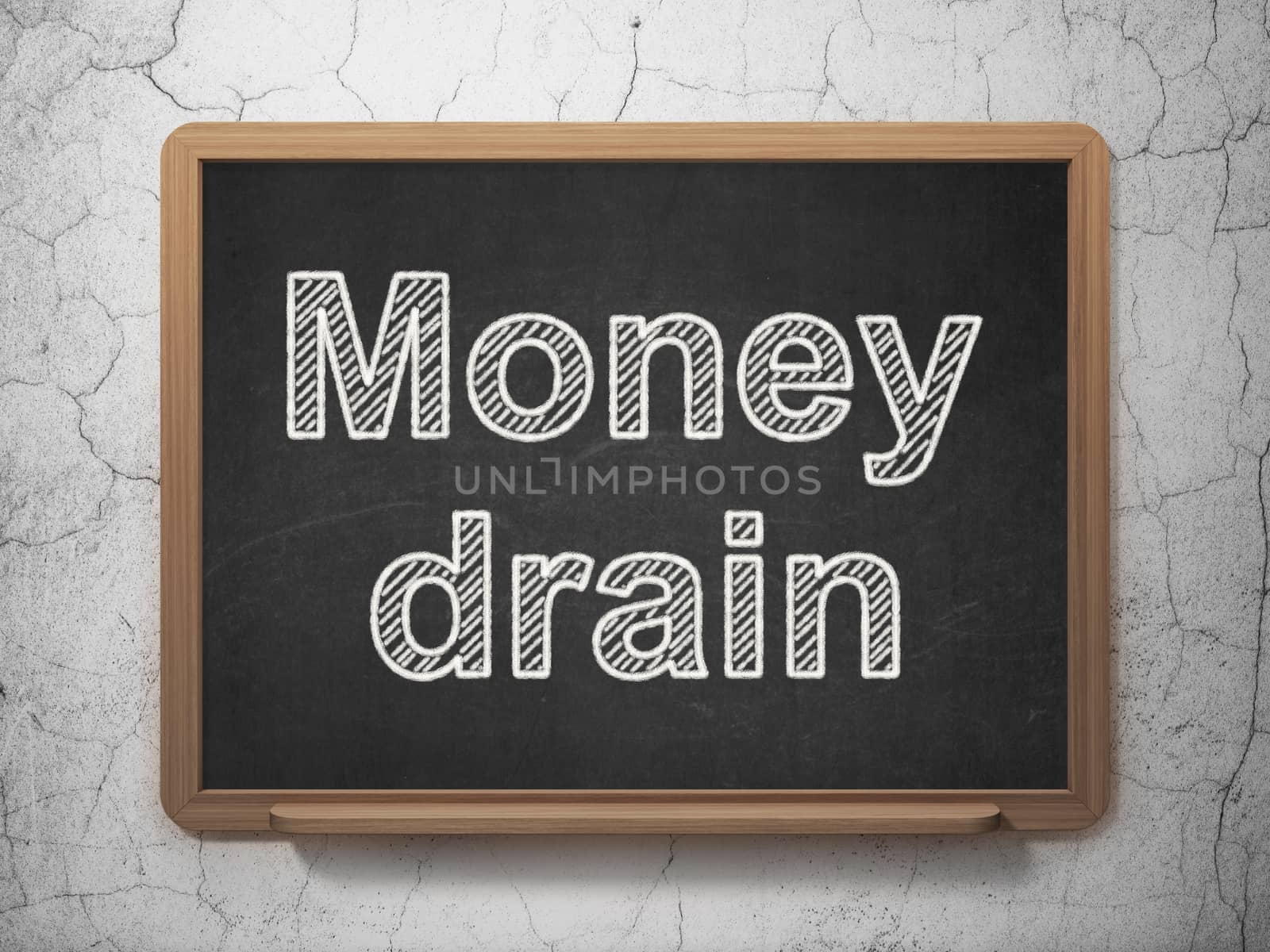 Currency concept: text Money Drain on Black chalkboard on grunge wall background, 3D rendering