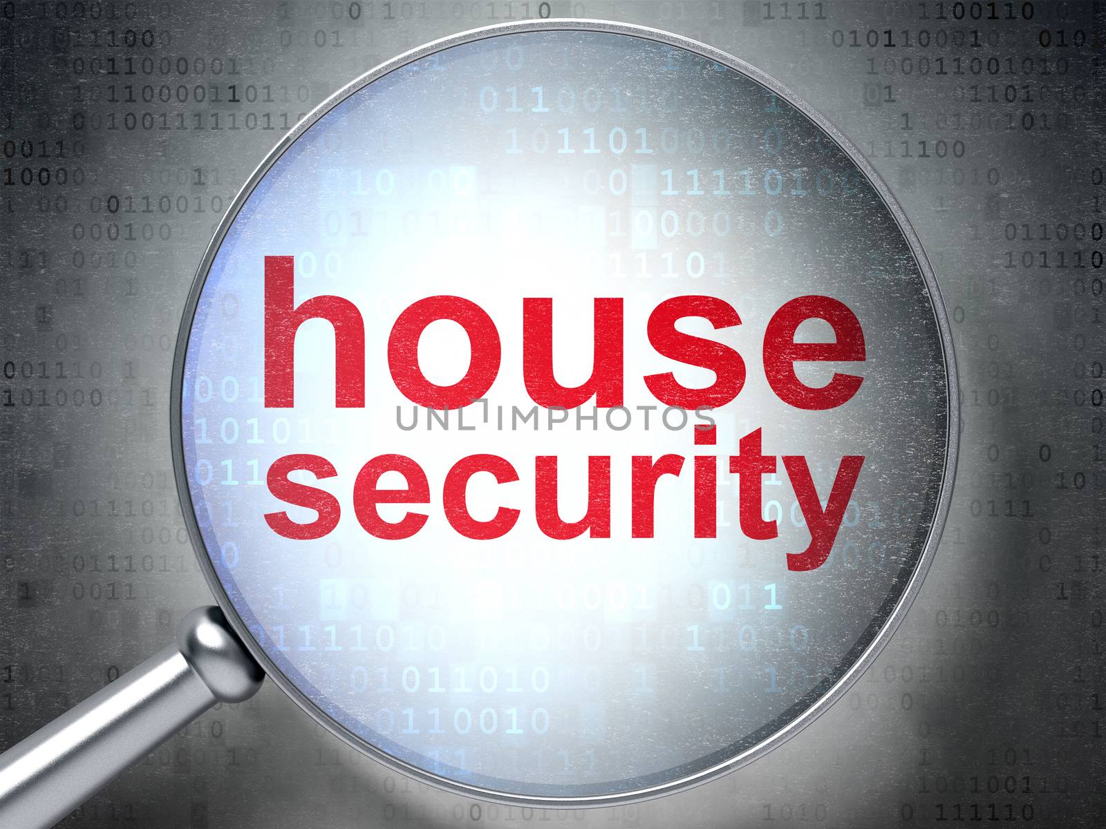 Protection concept: magnifying optical glass with words House Security on digital background, 3D rendering