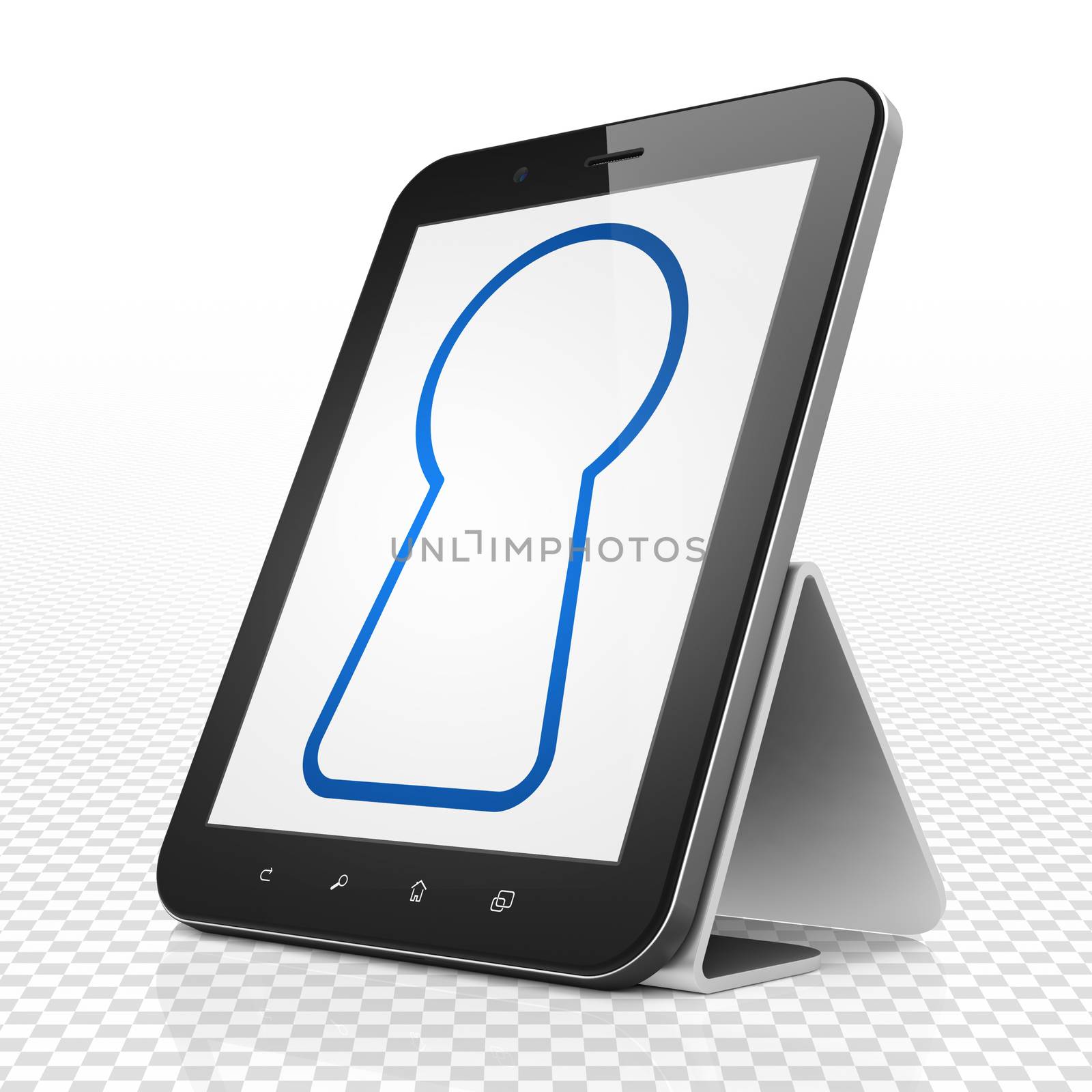 Privacy concept: Tablet Computer with blue Keyhole icon on display, 3D rendering