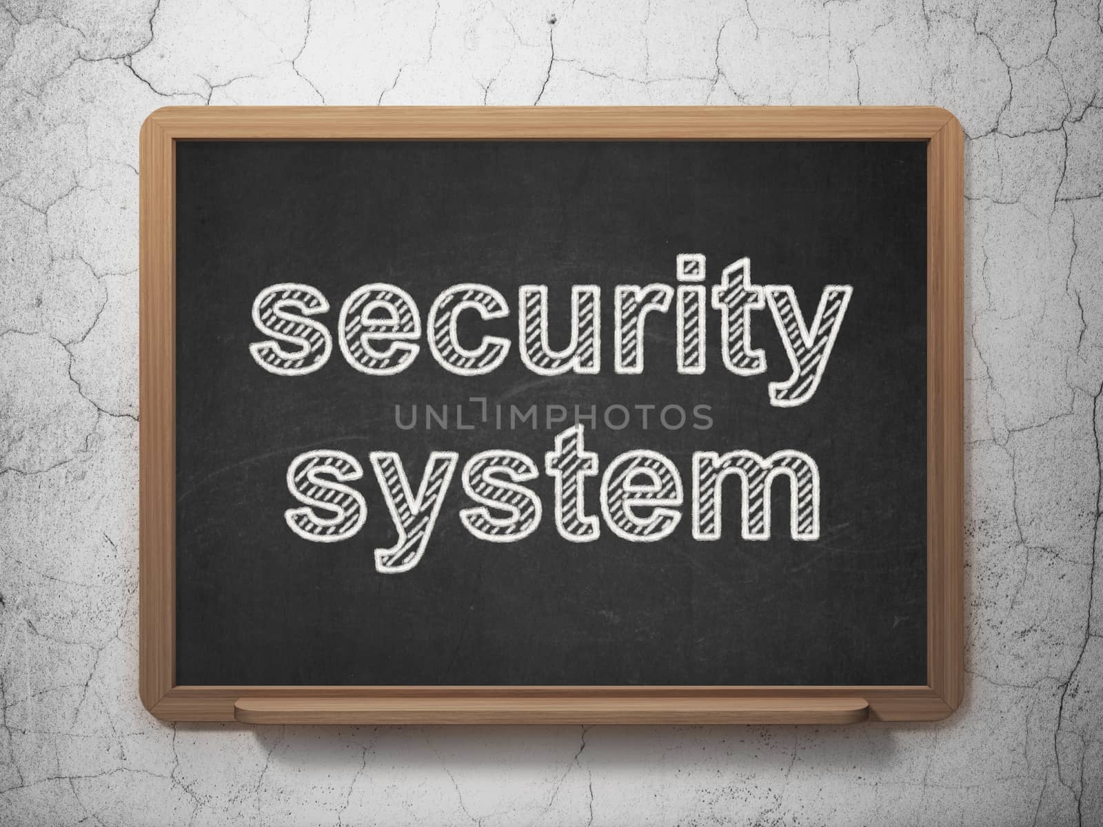 Protection concept: text Security System on Black chalkboard on grunge wall background, 3D rendering