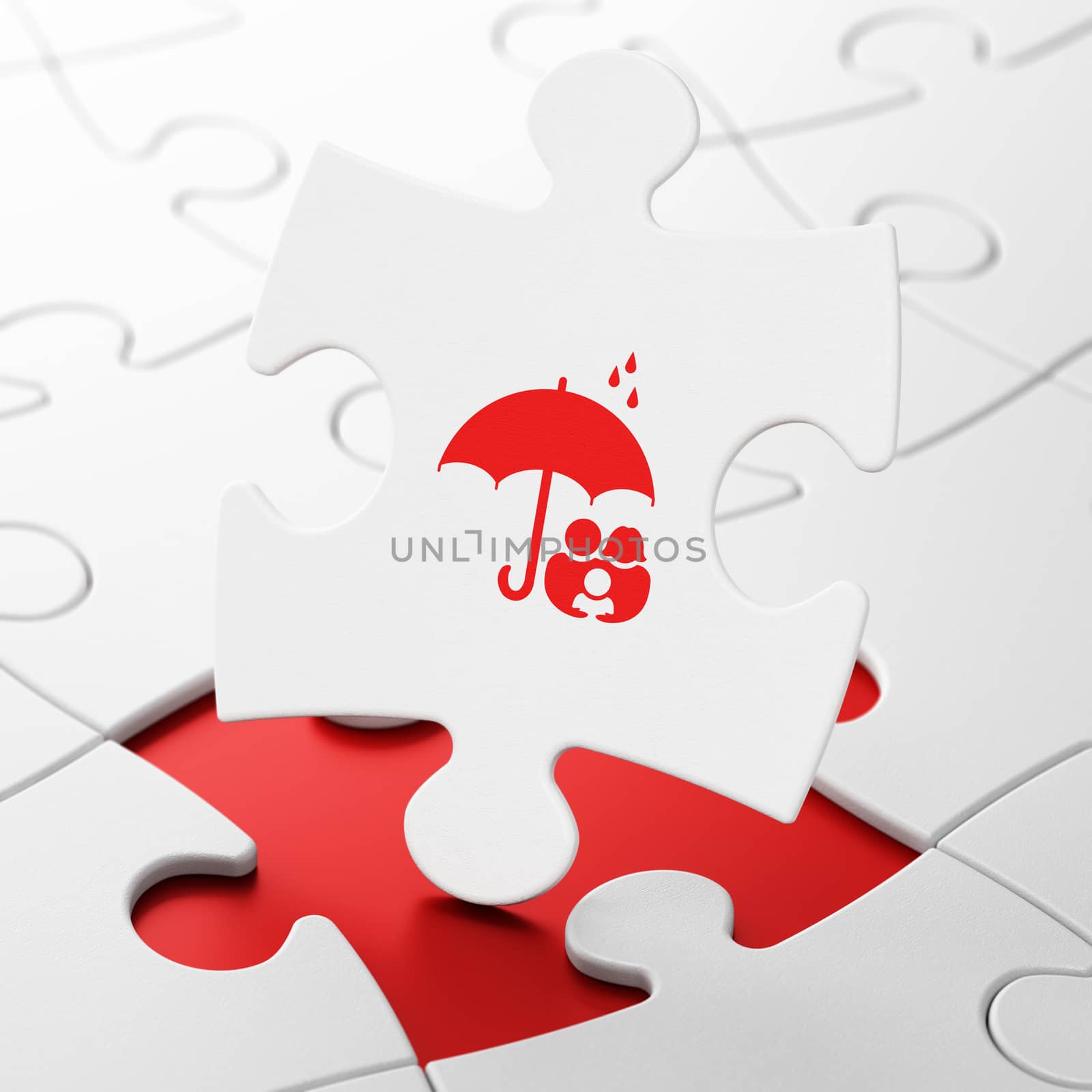 Safety concept: Family And Umbrella on White puzzle pieces background, 3D rendering