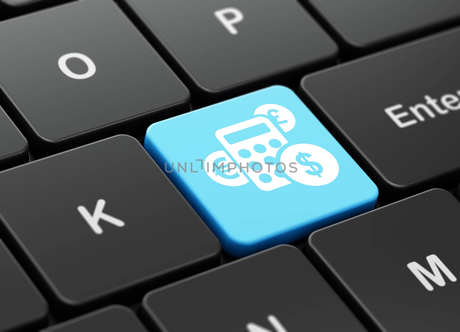 Finance concept: computer keyboard with Calculator icon on enter button background, 3D rendering