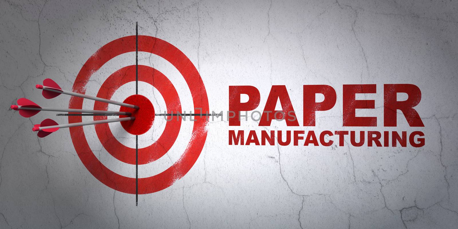 Success Industry concept: arrows hitting the center of target, Red Paper Manufacturing on wall background, 3D rendering