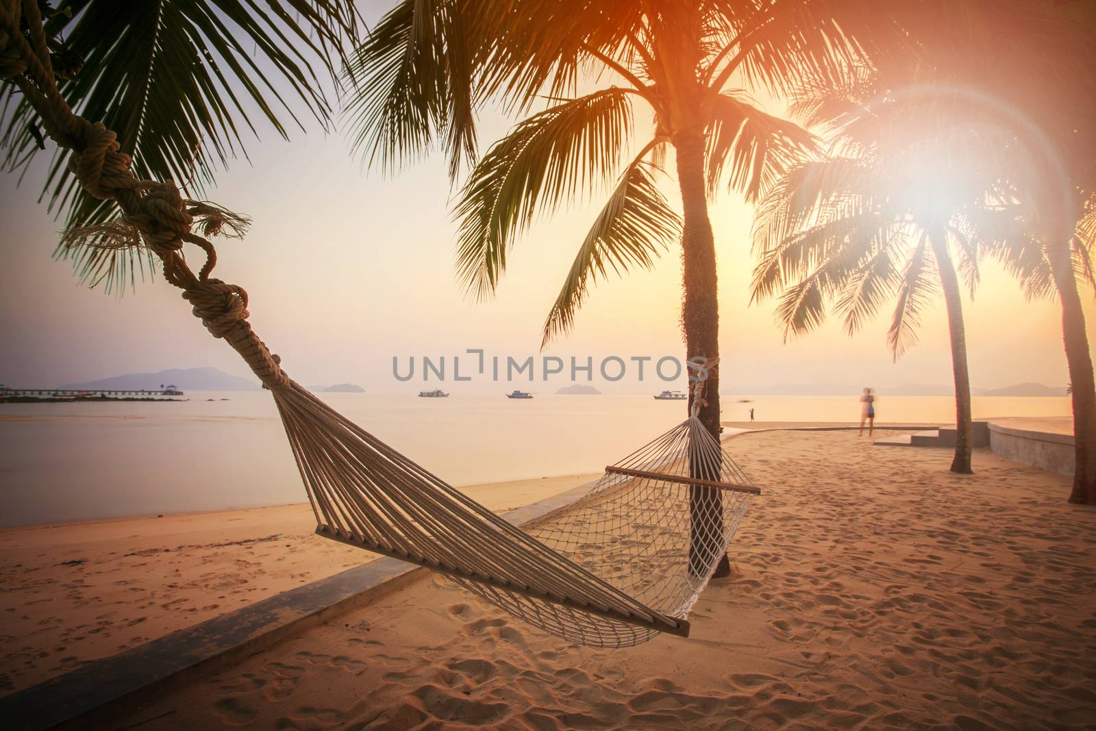  beach cradle on coconut tree against beautiful sun set sky summ by khunaspix