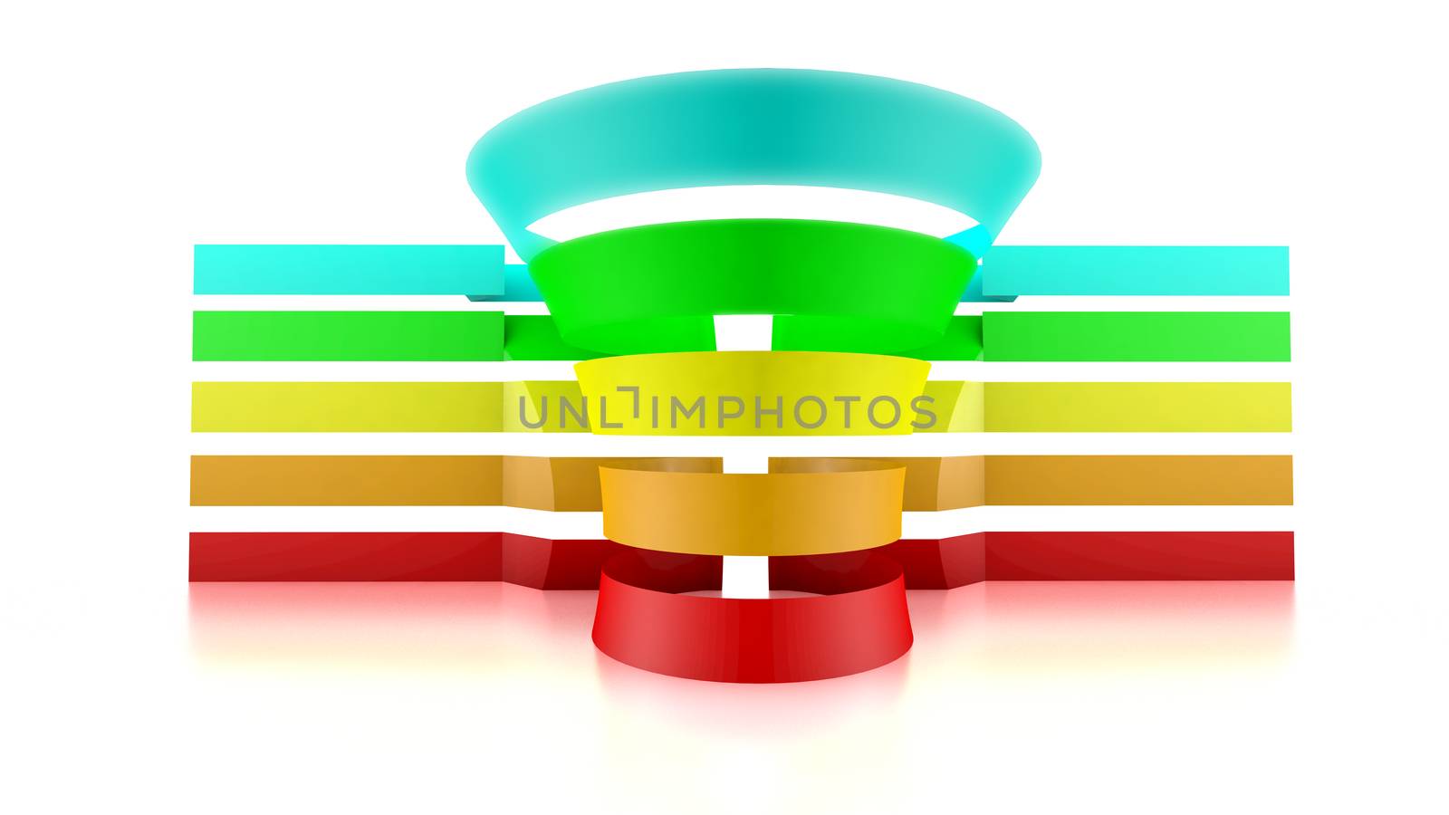 3D funnel with five colored tape. Space available for text and values. 3D Rendering