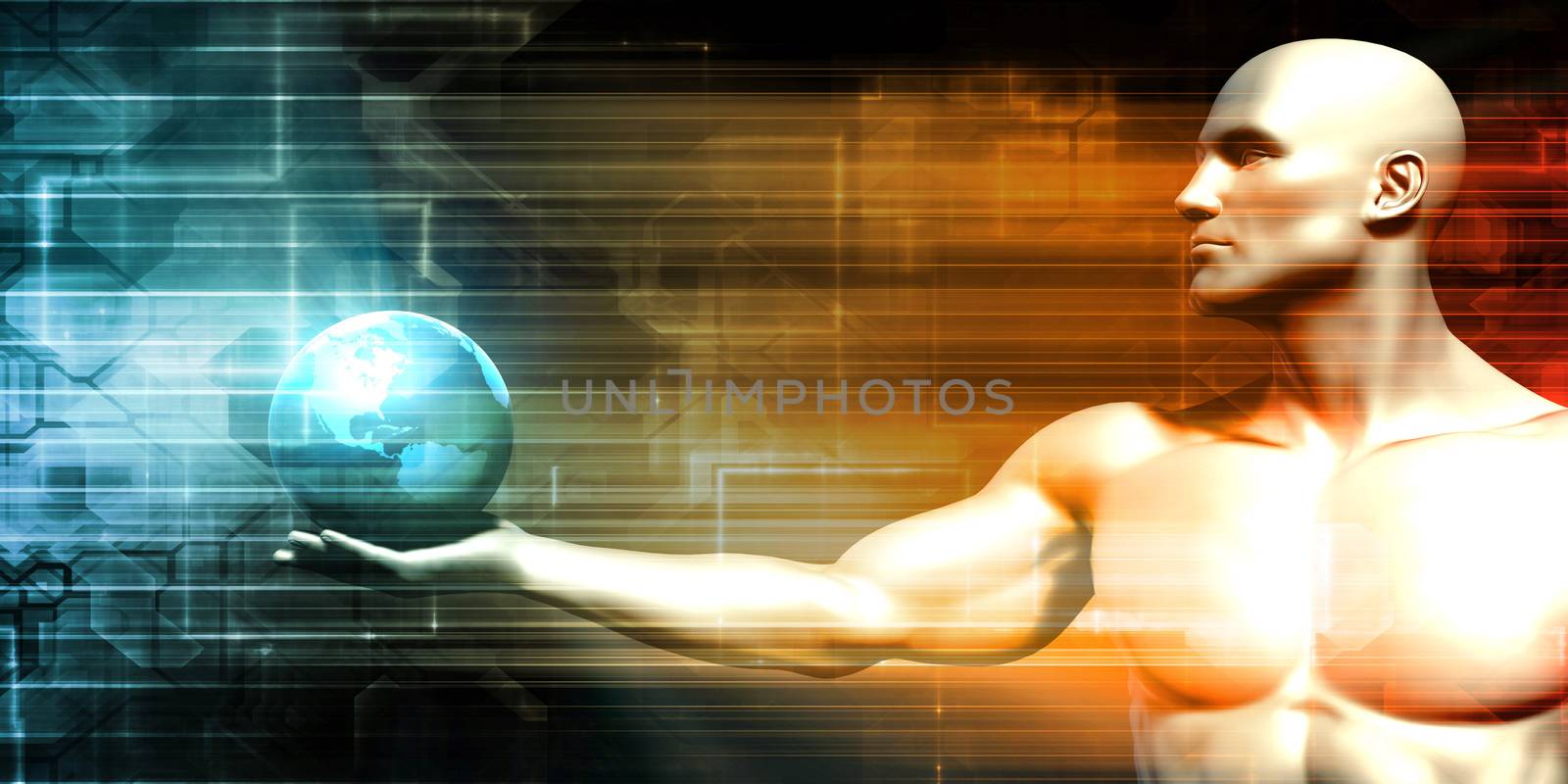 Futuristic Background with Businessman and Globe in Hands