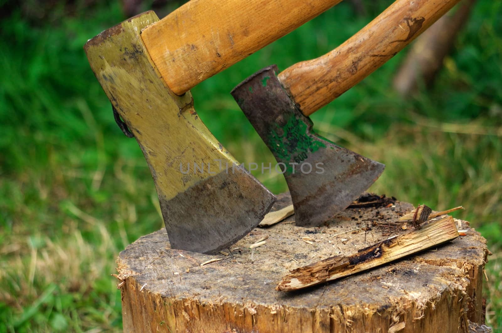 Ax in the deck on a background of green grass and firewood