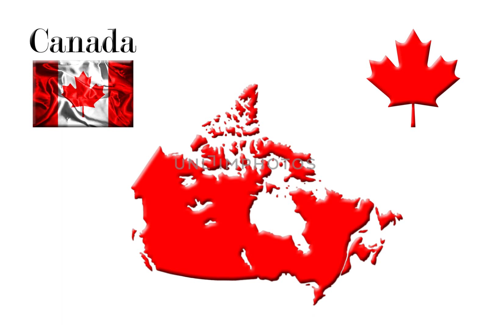 Canadian Map With National Flag and Maple Leaf On White Background 3D Rendering