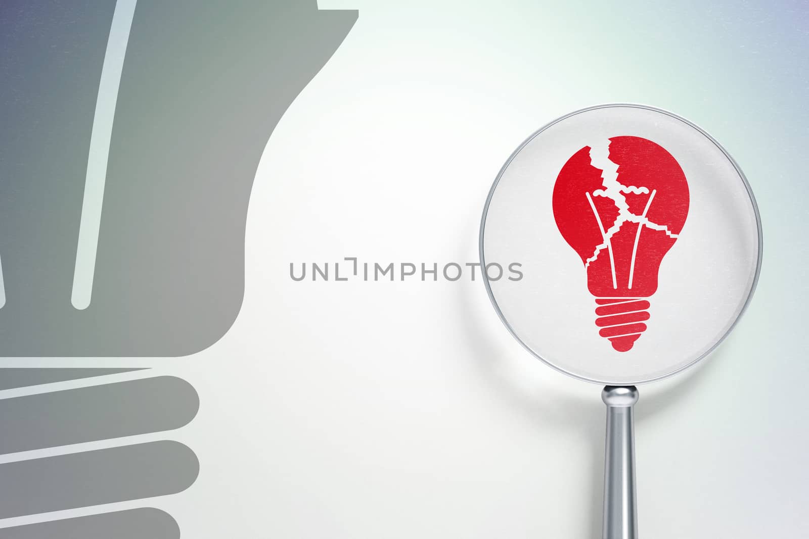 Business concept: magnifying optical glass with Light Bulb icon on digital background, empty copyspace for card, text, advertising, 3D rendering