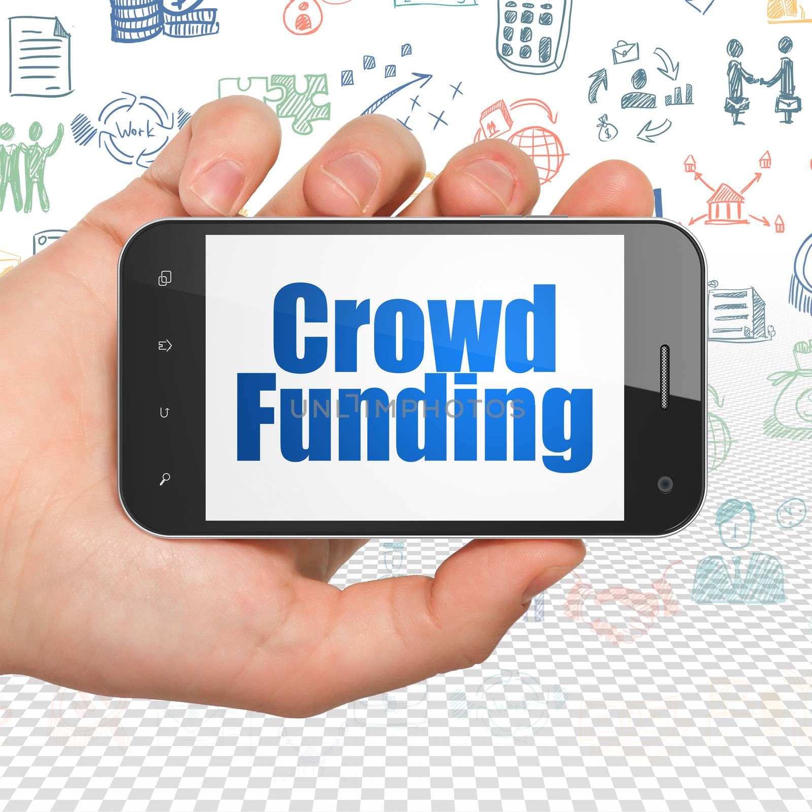 Business concept: Hand Holding Smartphone with  blue text Crowd Funding on display,  Hand Drawn Business Icons background, 3D rendering