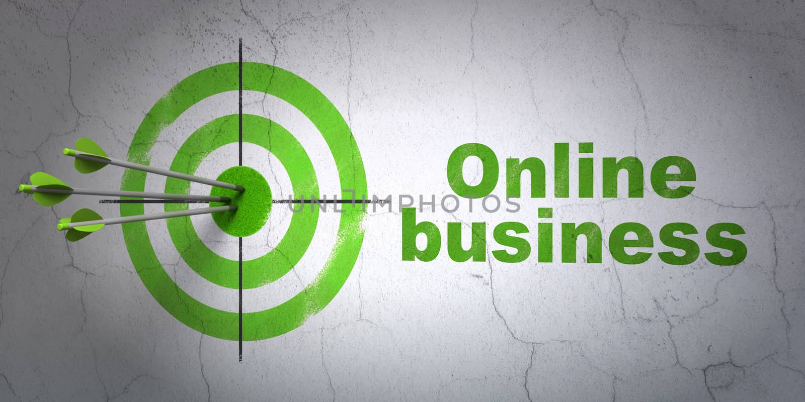 Success finance concept: arrows hitting the center of target, Green Online Business on wall background, 3D rendering