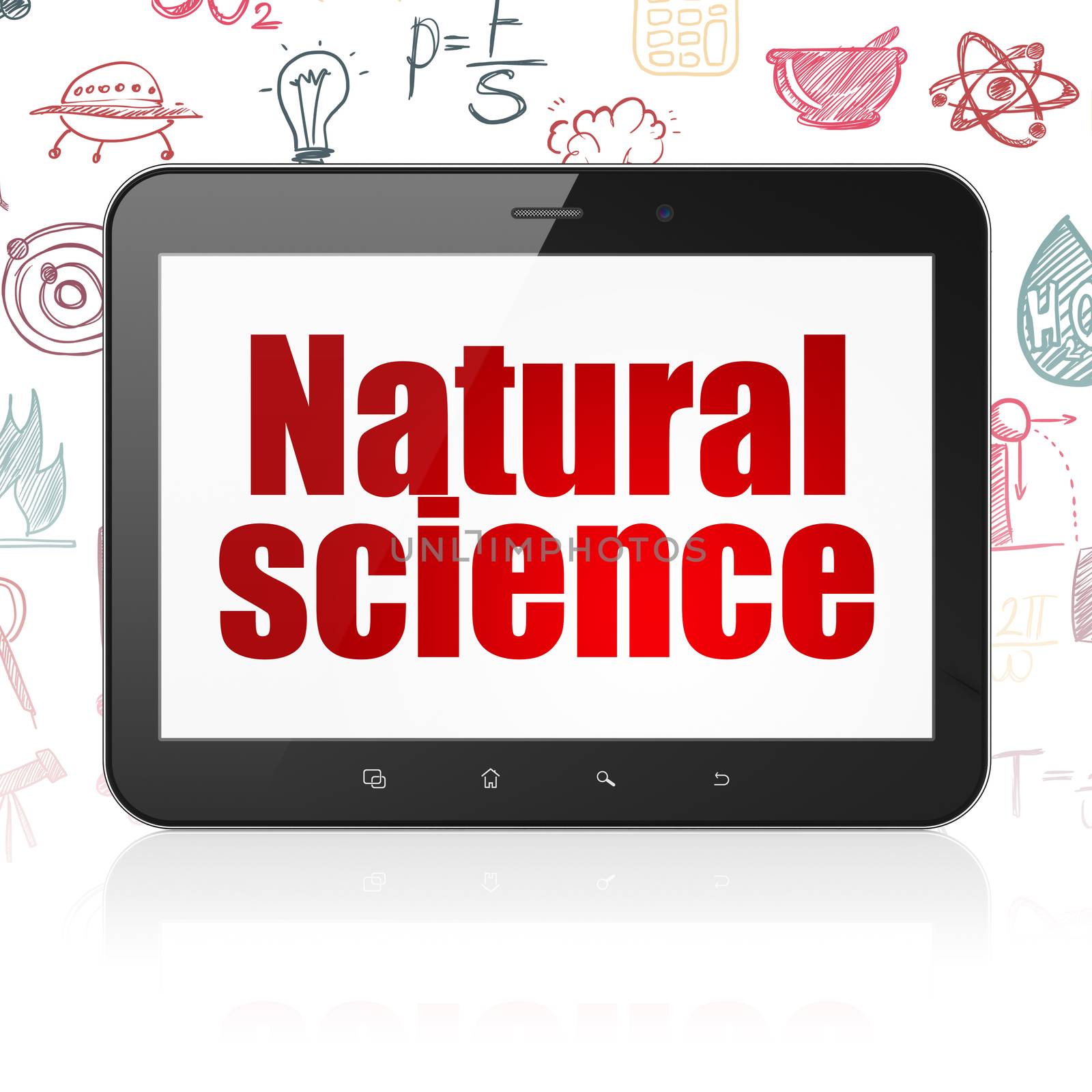 Science concept: Tablet Computer with  red text Natural Science on display,  Hand Drawn Science Icons background, 3D rendering