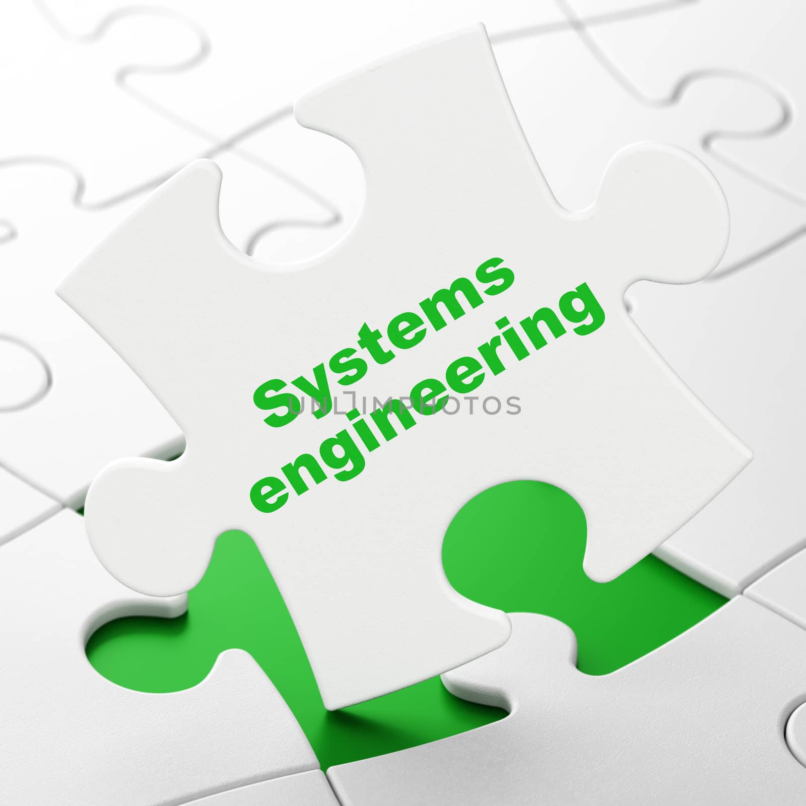 Science concept: Systems Engineering on White puzzle pieces background, 3D rendering