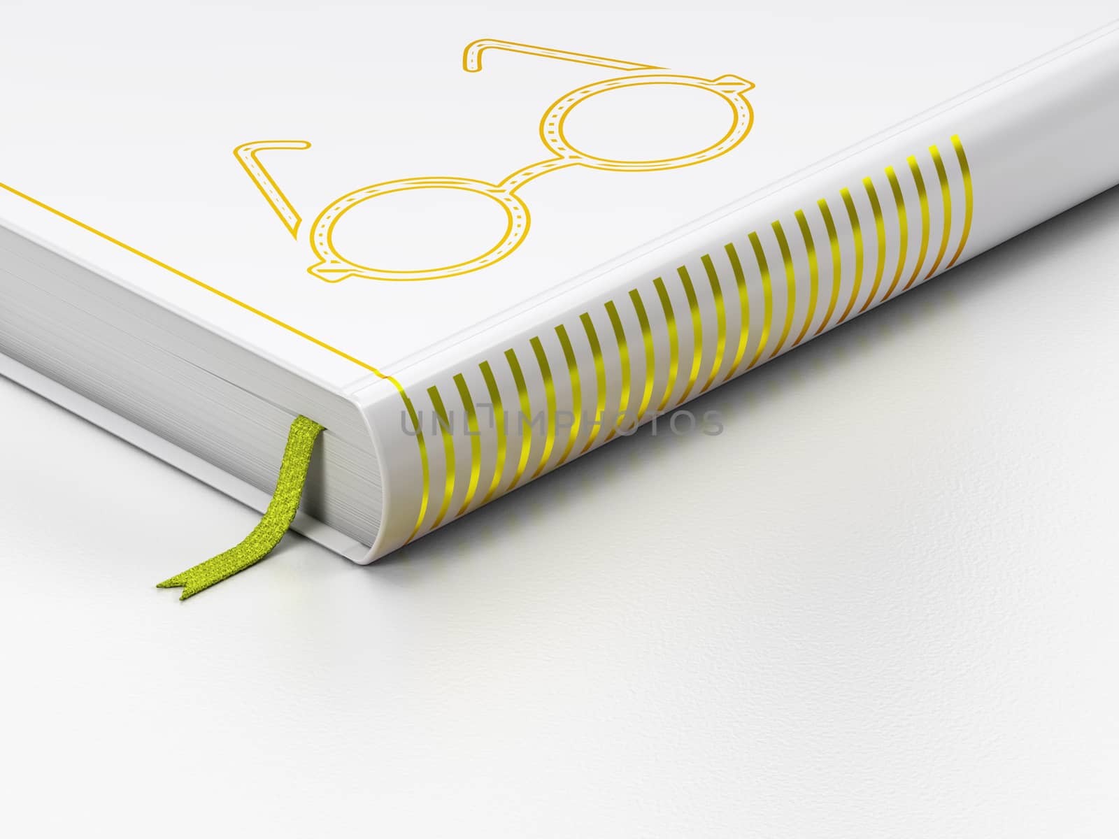 Learning concept: closed book with Gold Glasses icon on floor, white background, 3D rendering