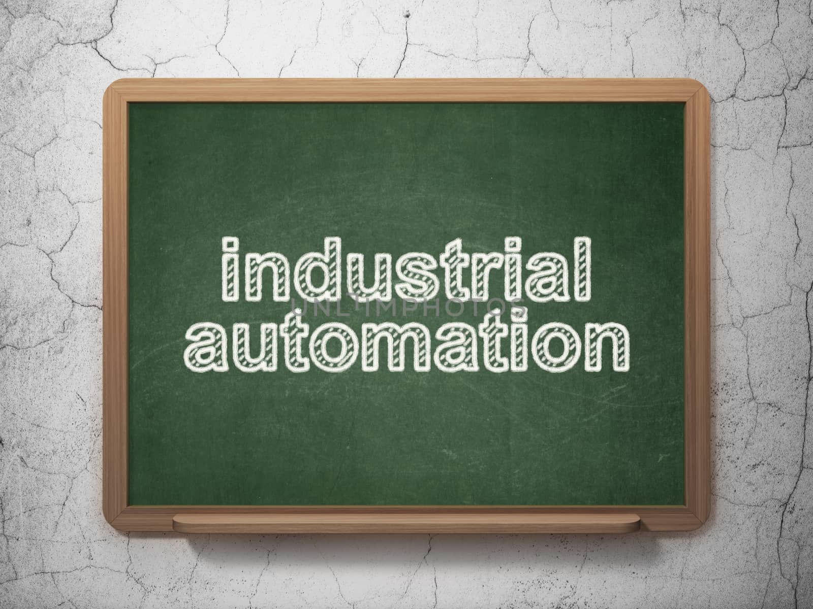 Industry concept: text Industrial Automation on Green chalkboard on grunge wall background, 3D rendering