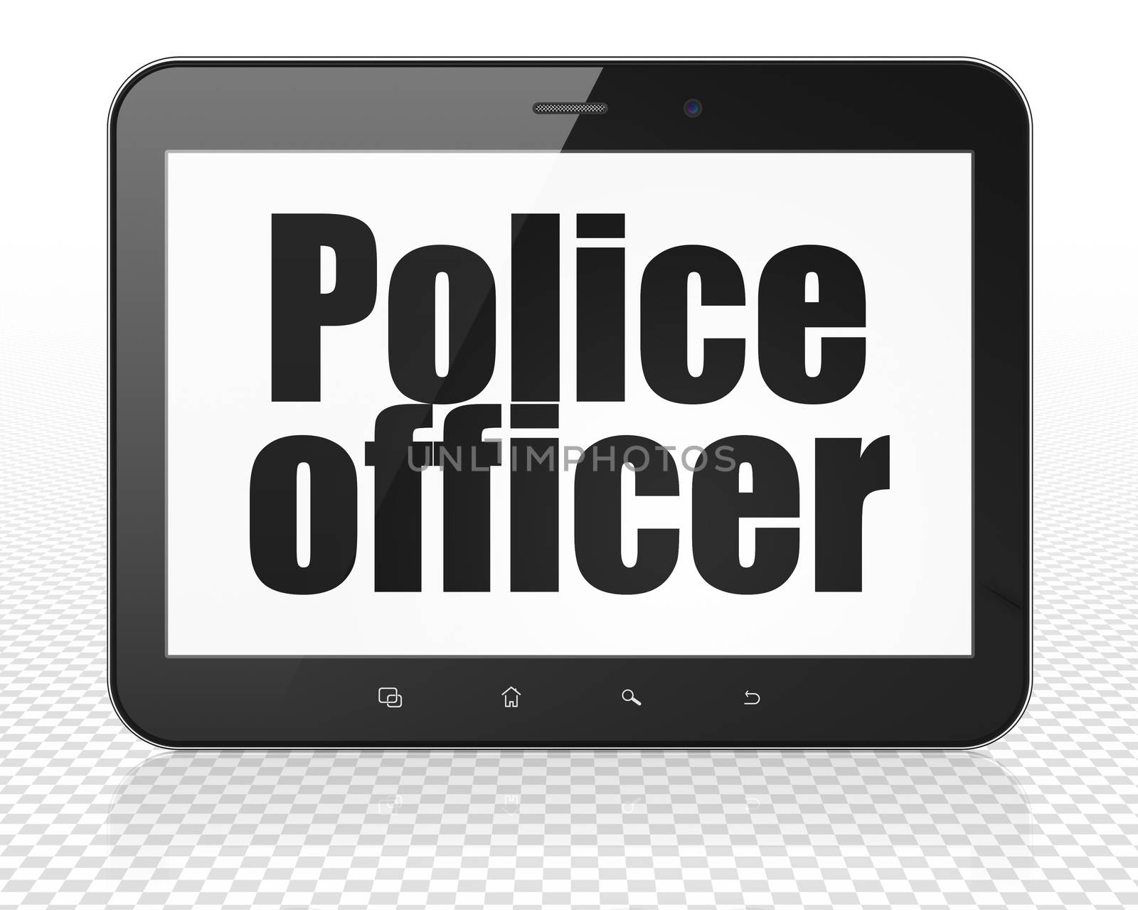 Law concept: Tablet Pc Computer with black text Police Officer on display, 3D rendering