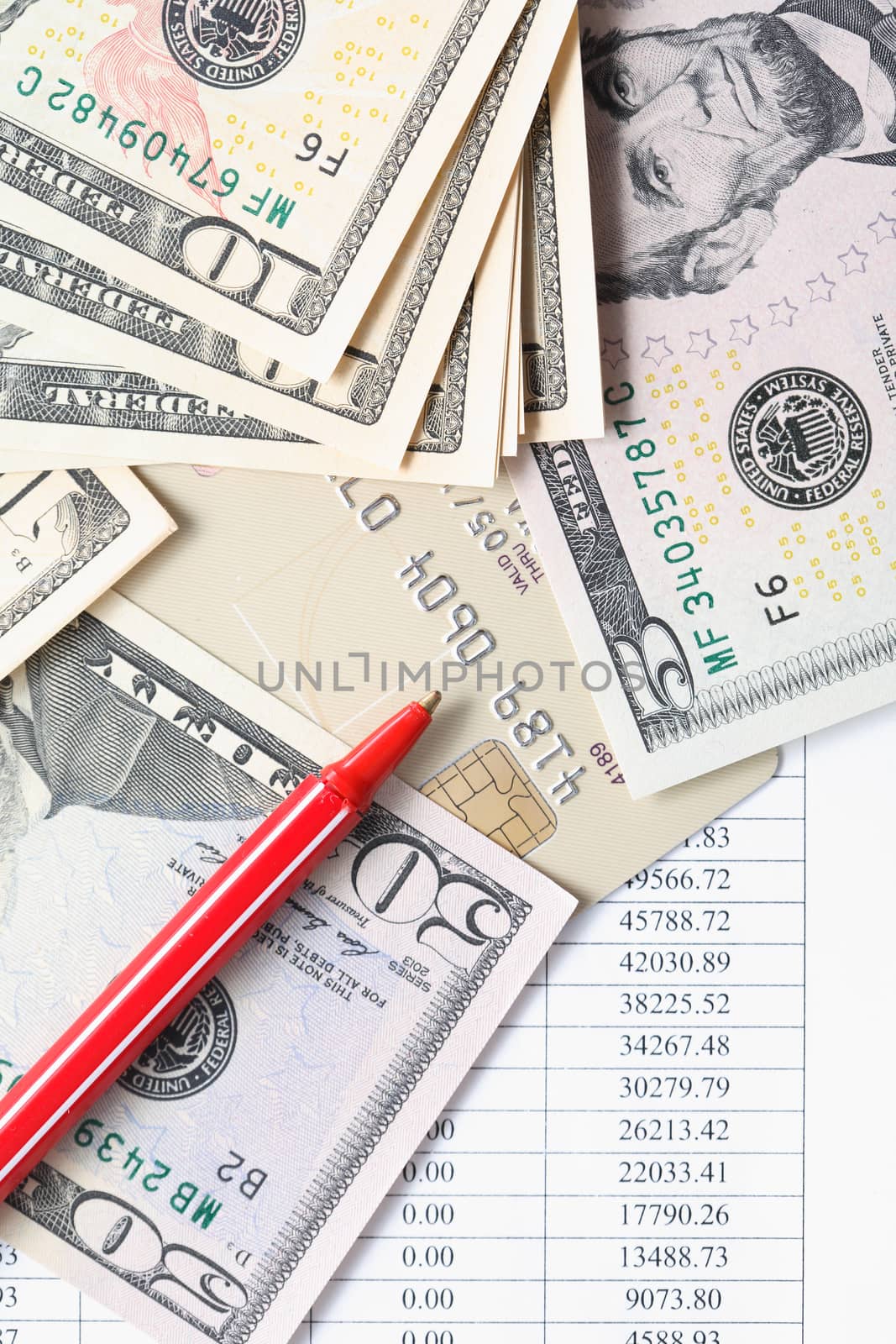 Credit card near money and pen on paper background with digits