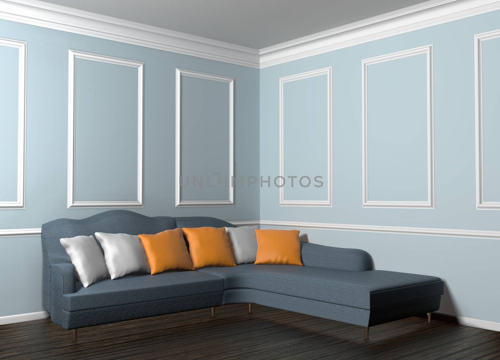 3d illustration of classic interior with sofa full of pillows.