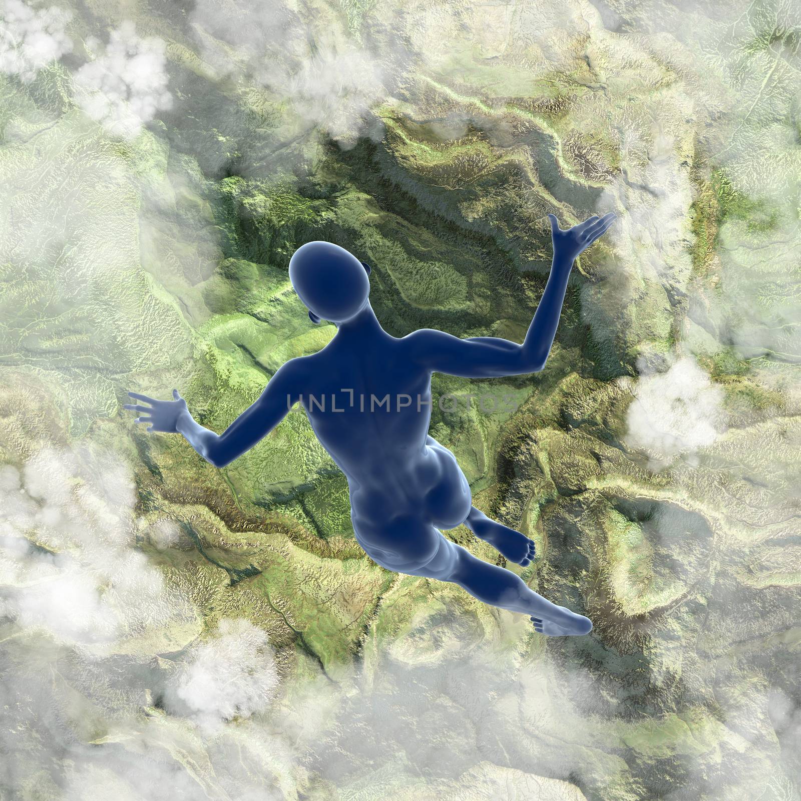 Slim attractive sportswoman flying in the air full of clouds over earth background. Fantasy fairy virtual reality 3d illustration.