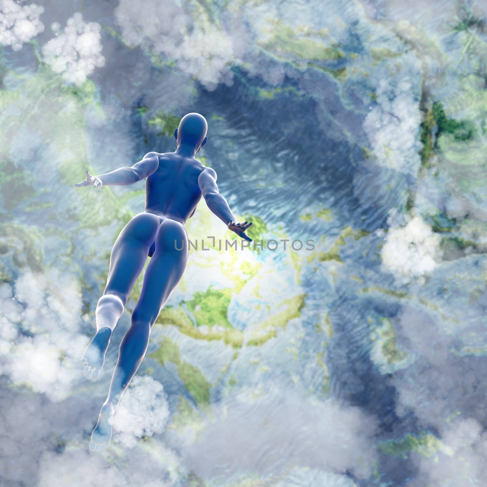 Slim attractive sportswoman flying in the air full of clouds over earth background. Fantasy fairy virtual reality 3d illustration by skrotov