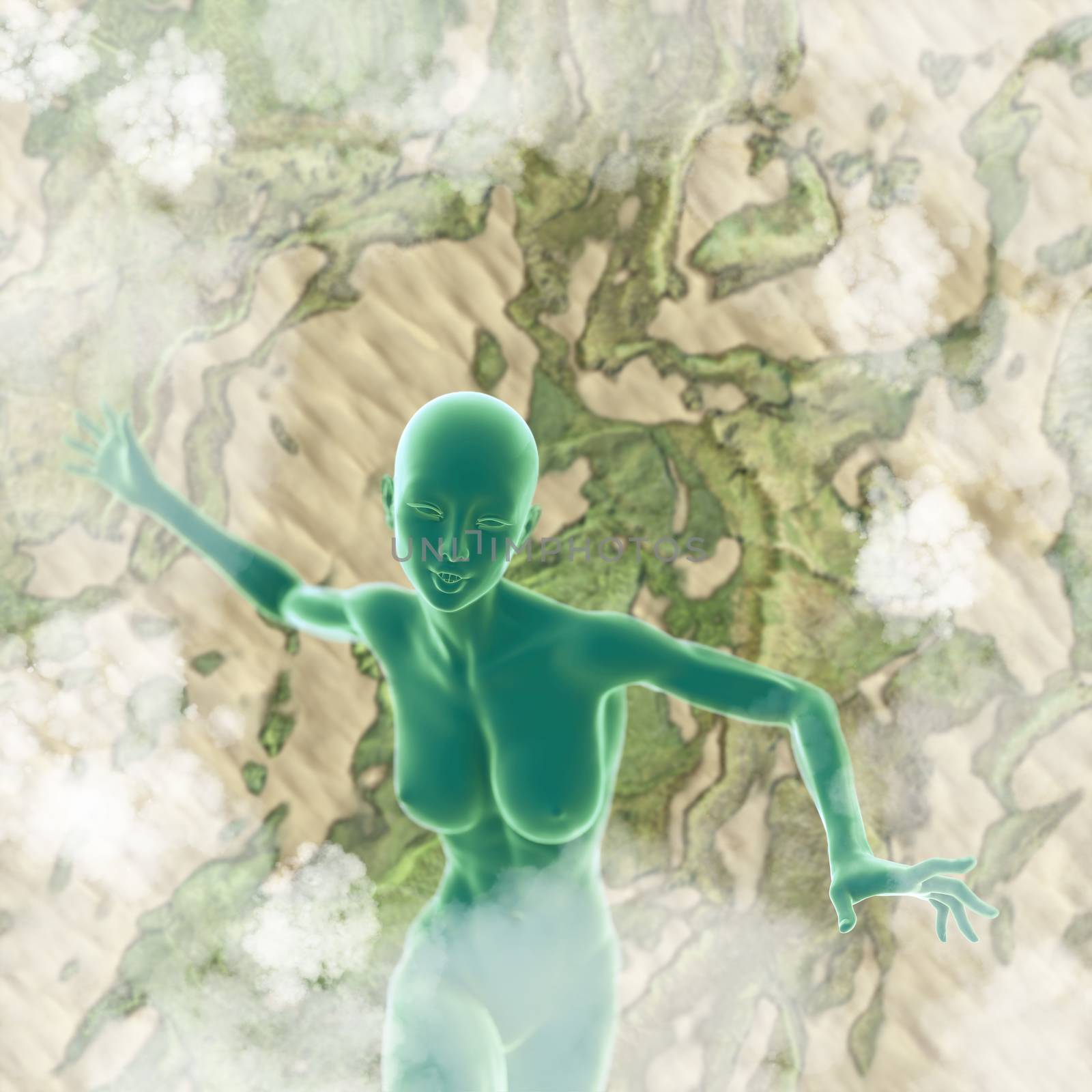 Slim attractive sportswoman flying in the air full of clouds over earth background. Fantasy fairy virtual reality 3d illustration by skrotov