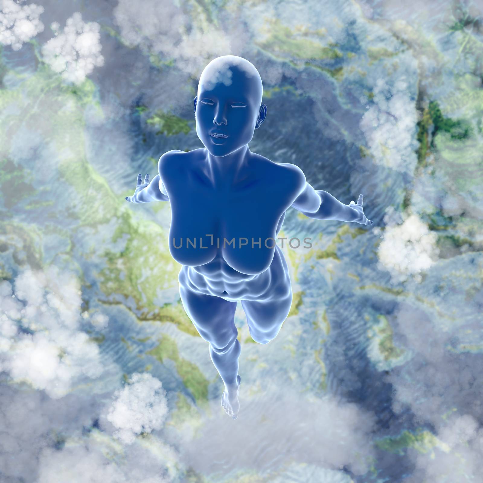 Slim attractive sportswoman flying in the air full of clouds over earth background. Fantasy fairy virtual reality 3d illustration by skrotov