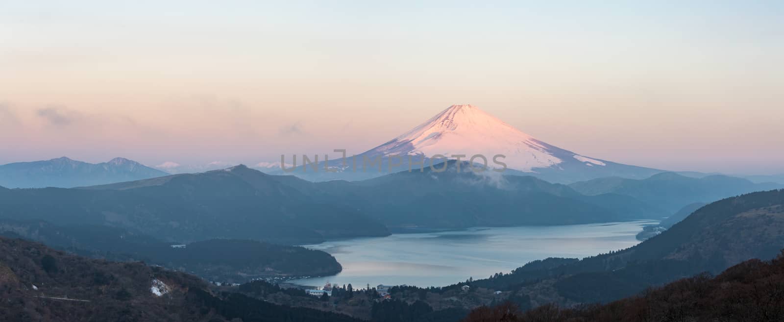 Mountain Fuji in winter sunrise at Hakone Lake panoramic